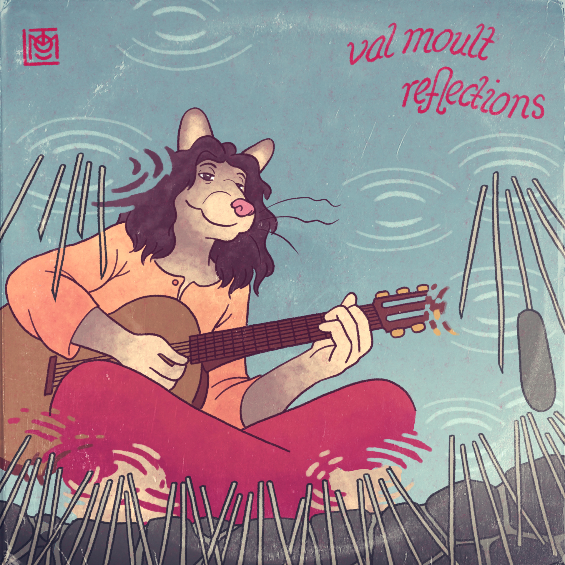 a faux album cover for 'val moult's reflections' showing a long-haired anthropomorphic cat with an acoustic guitar as if photographed via the reflection in a pool. they look smug