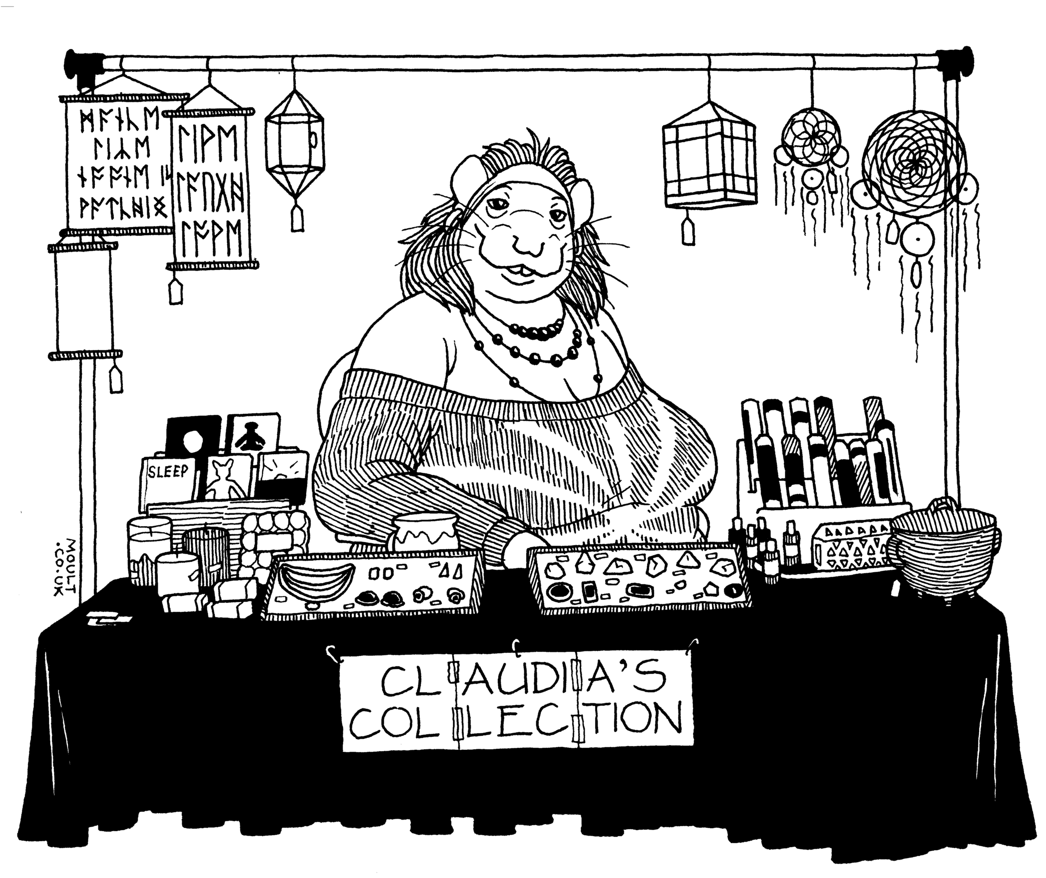 a rat woman sits behind a vending table full of relaxation CDs, gemstones, incense, dreamcatchers and scrolls, labelled (in Papyrus typeface) 'Claudia's Collection'