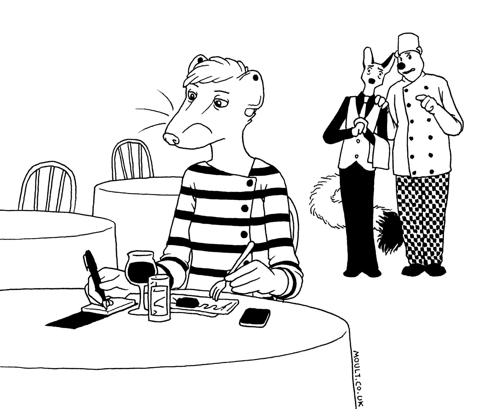 a stoat woman sits at a table in a restaurant, eating a delicately-presented plate with one hand and making notes with the other. a cook and waiter look on in high anxiety