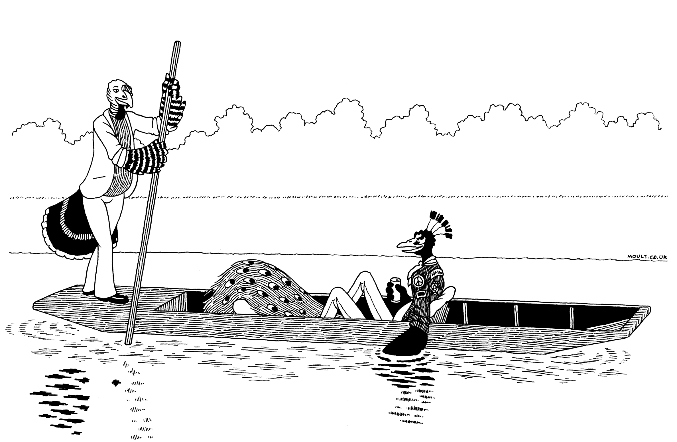 an elegantly dressed turkey man pushes a [punt](https://en.wikipedia.org/wiki/Punt_(boat)) down a river, while a punk peacock man sits inside with a beer, trailing one wing in the water