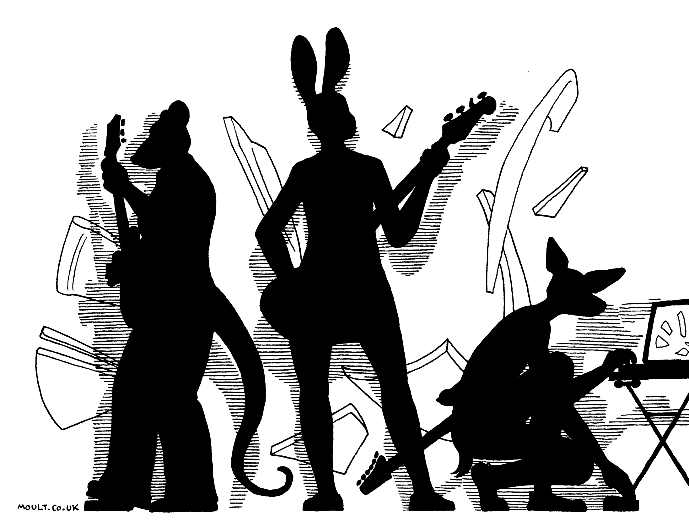 a three-woman band (rat on guitar, hare on bass, deer on ~~guitar~~ laptop), are silhouetted against a back-projected image of crockery shattering