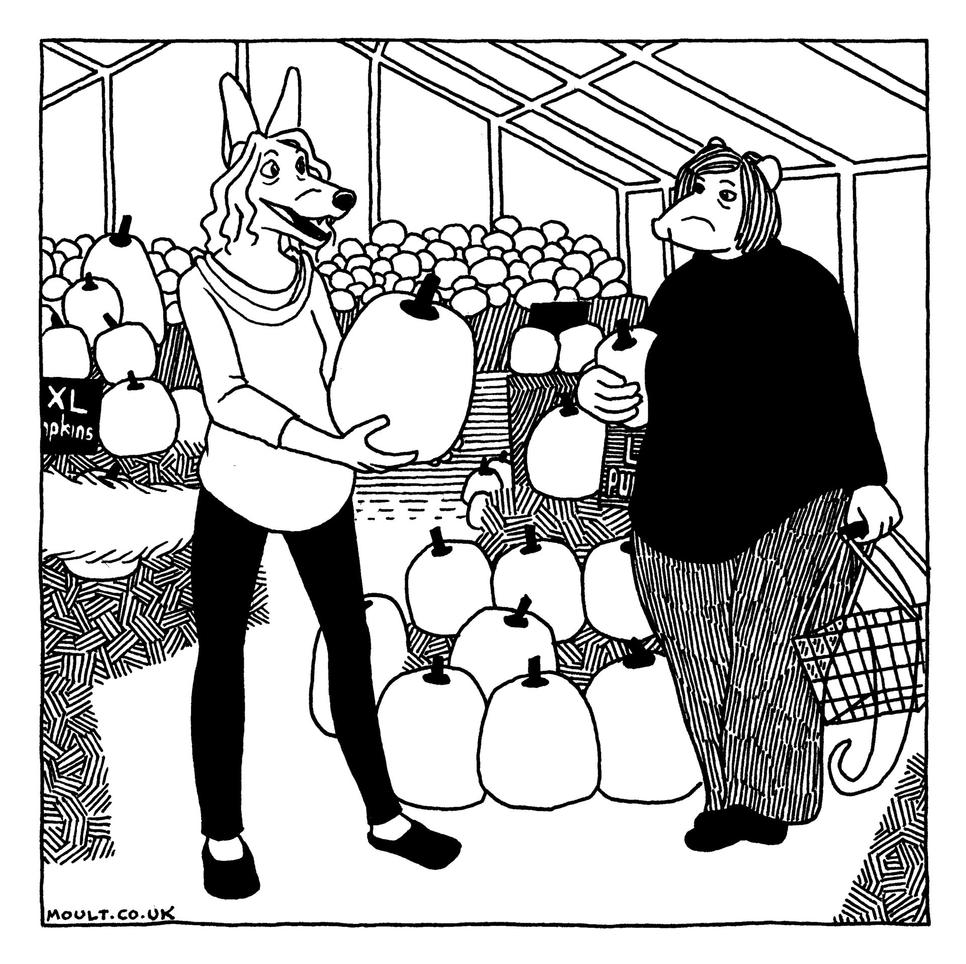 in a garden centre surrounded by pumpkins, a fox woman excitedly shows an especially big one to her rat partner, who does not share her excitement