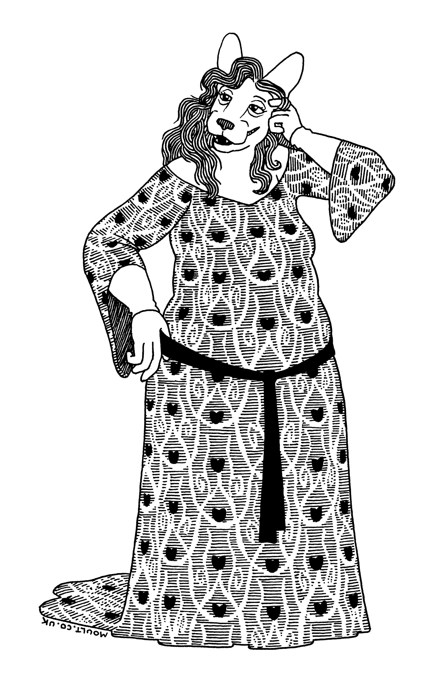 a middle-aged cat woman in a pre-raphaelite dress with an elaborate pattern