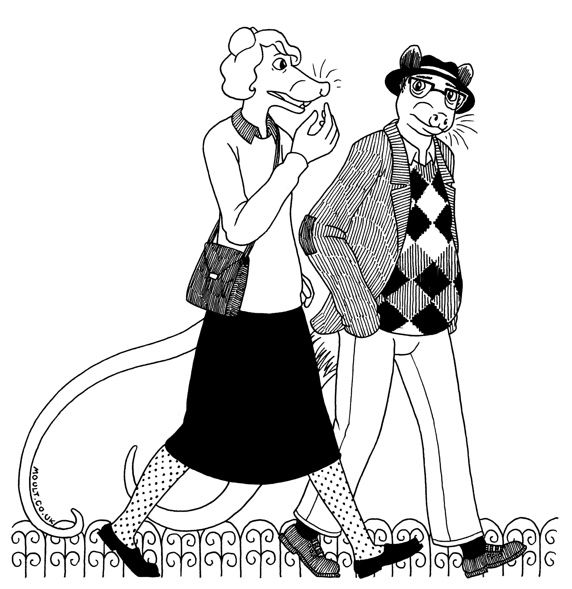 a young mouse woman and an older opossum man walk through a public garden