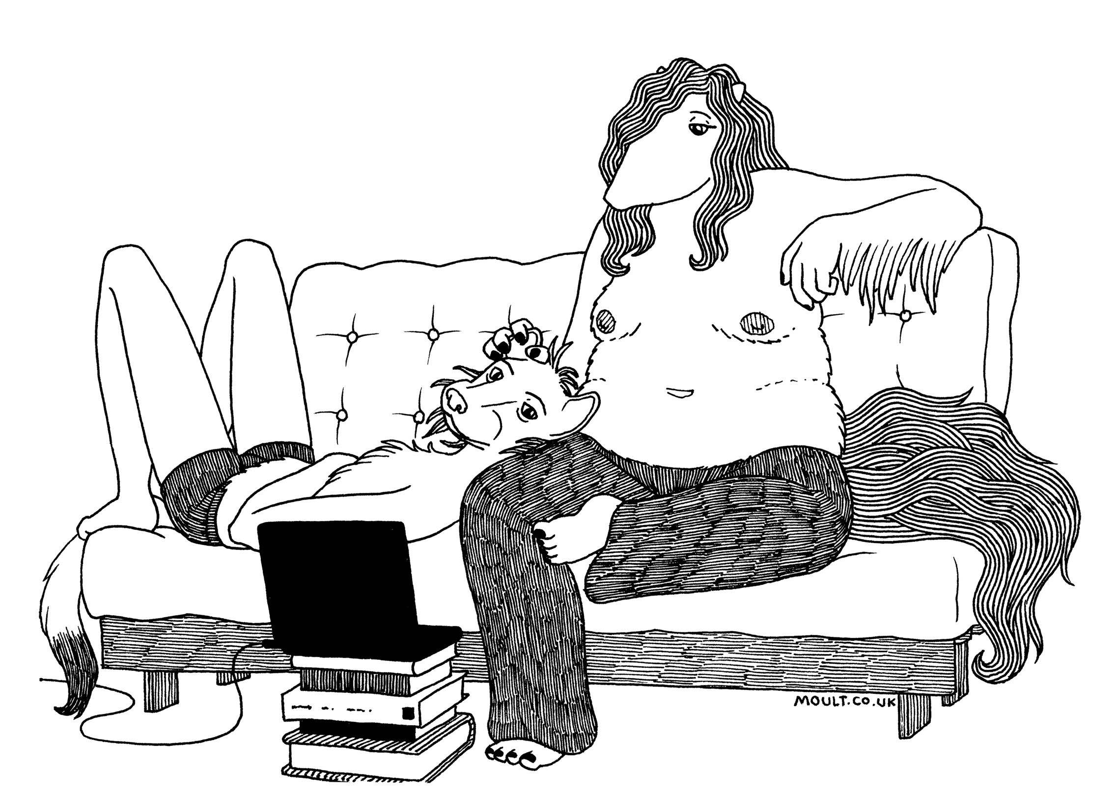 a stoat man lies back on an anteater person's lap on a futon. both are watching a laptop that rests on a pile of books