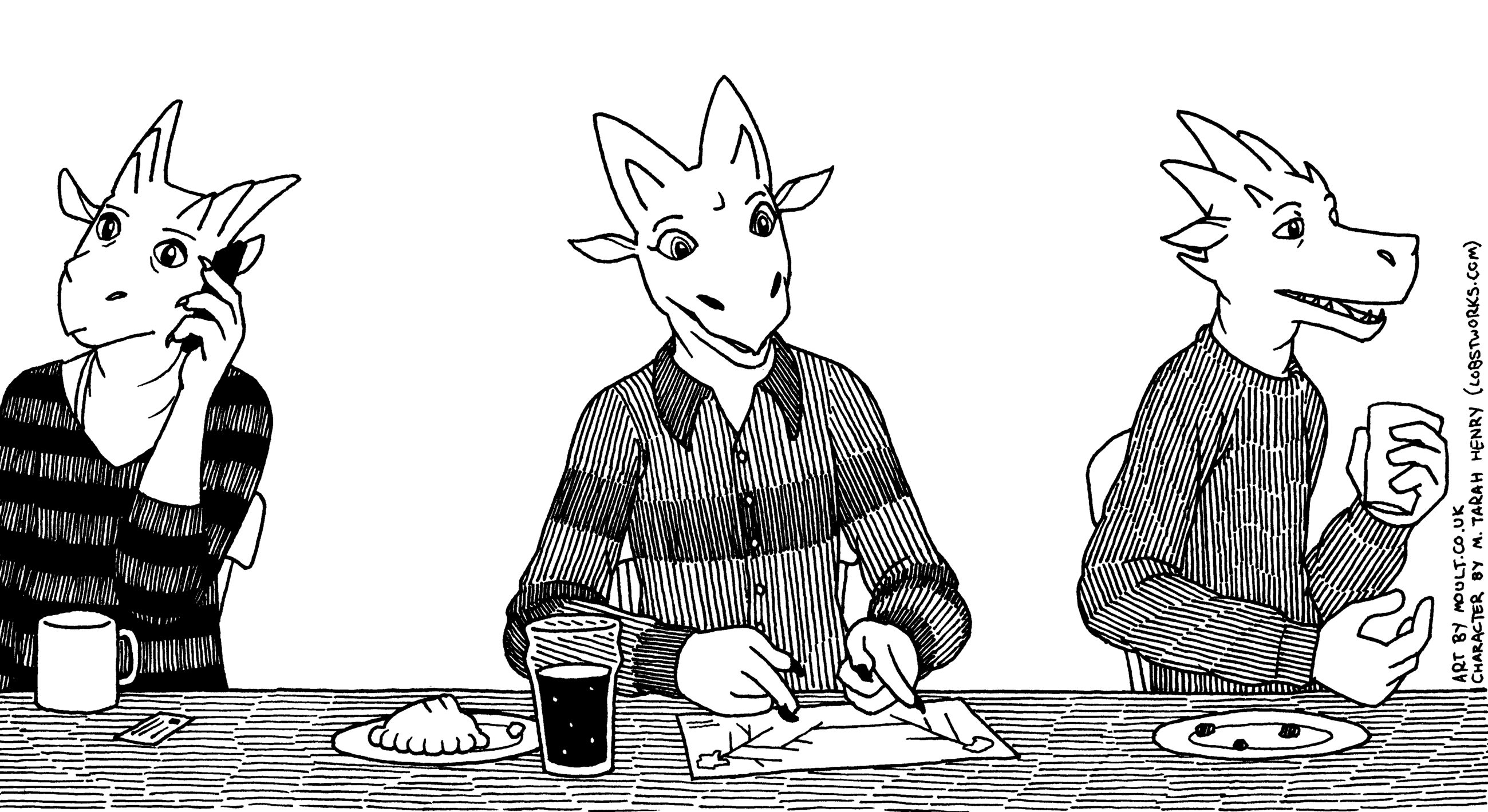 several kobolds at a table in a canteen. the one closest to you has a half-eaten pasty and a glass of soda and is gesturing at a cross-sectional map of mine tunnels