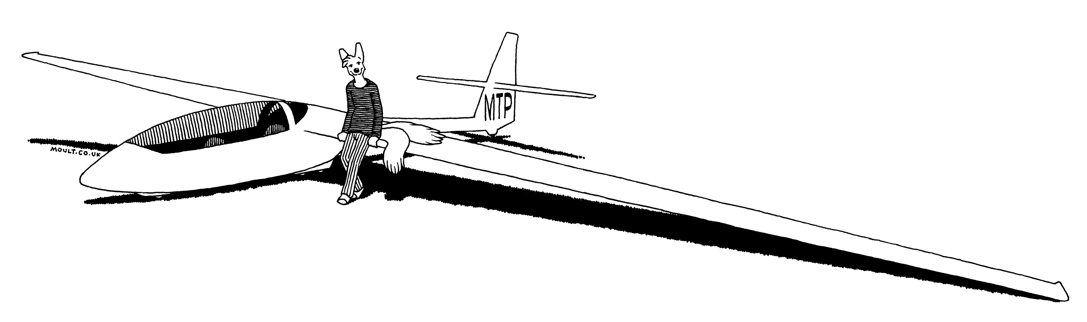 a glider, with 'MTP' printed on the vertical fin, rests on the ground. seated on the wing near the cockpit is a fox man with two tails