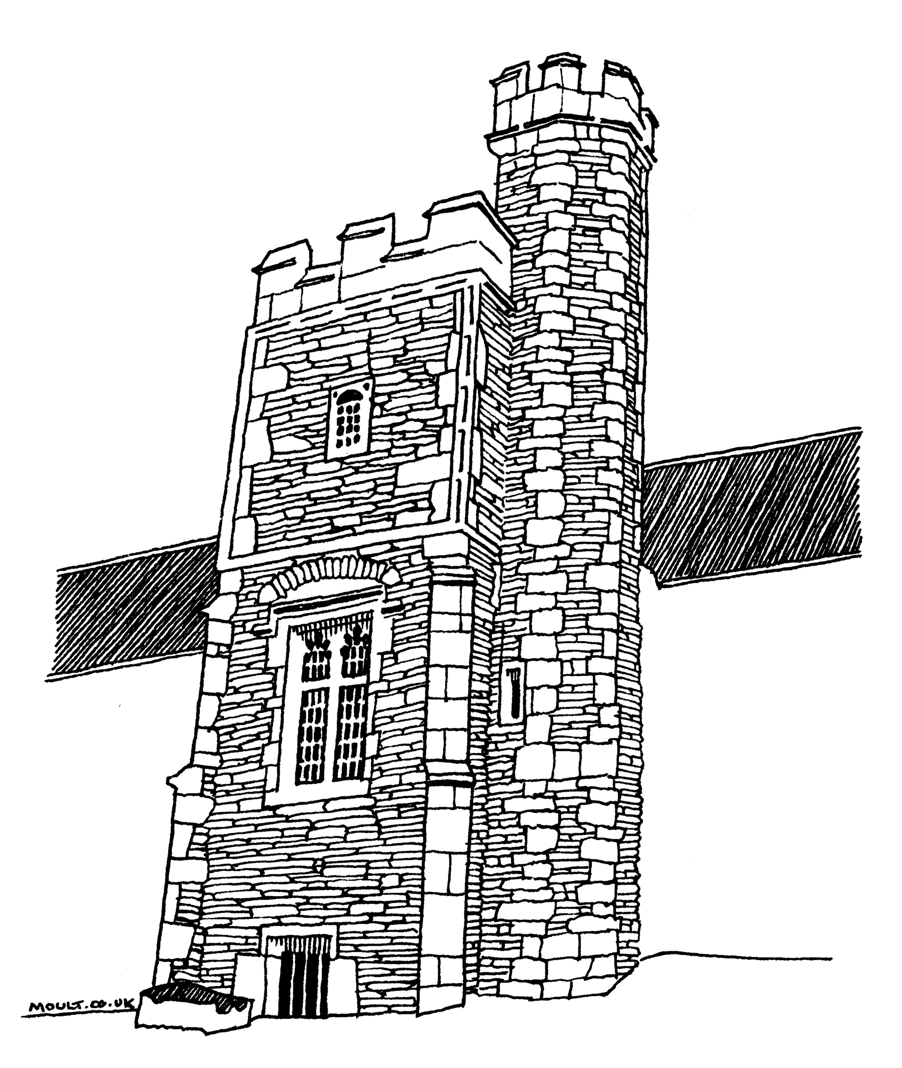 a line art drawing of a castle tower with zero (0) furry characters visible