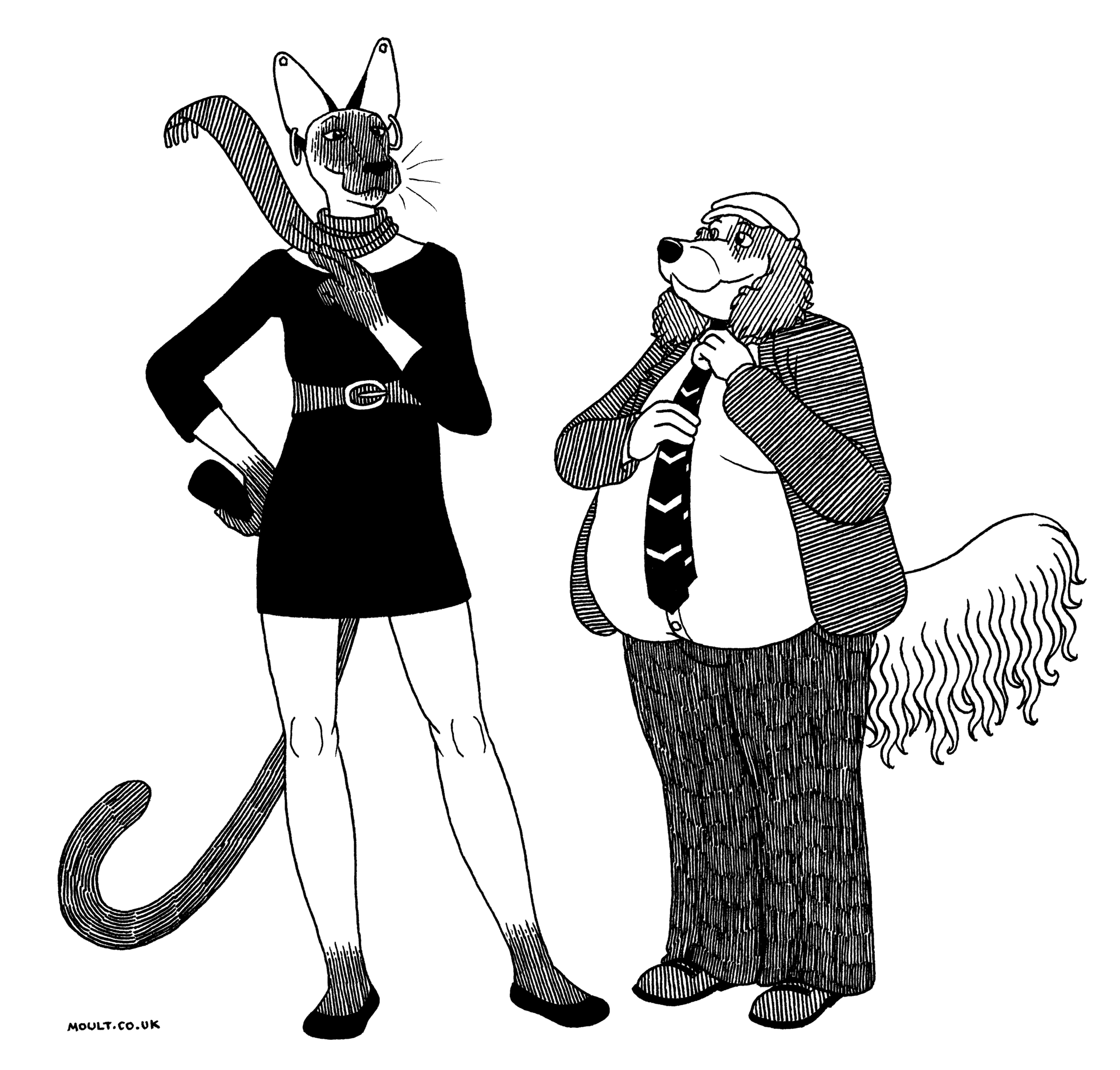 a tall siamese cat lady in a black dress flips a scarf over her shoulder while a small plump spaniel man in a blazer and cap tightens his tie