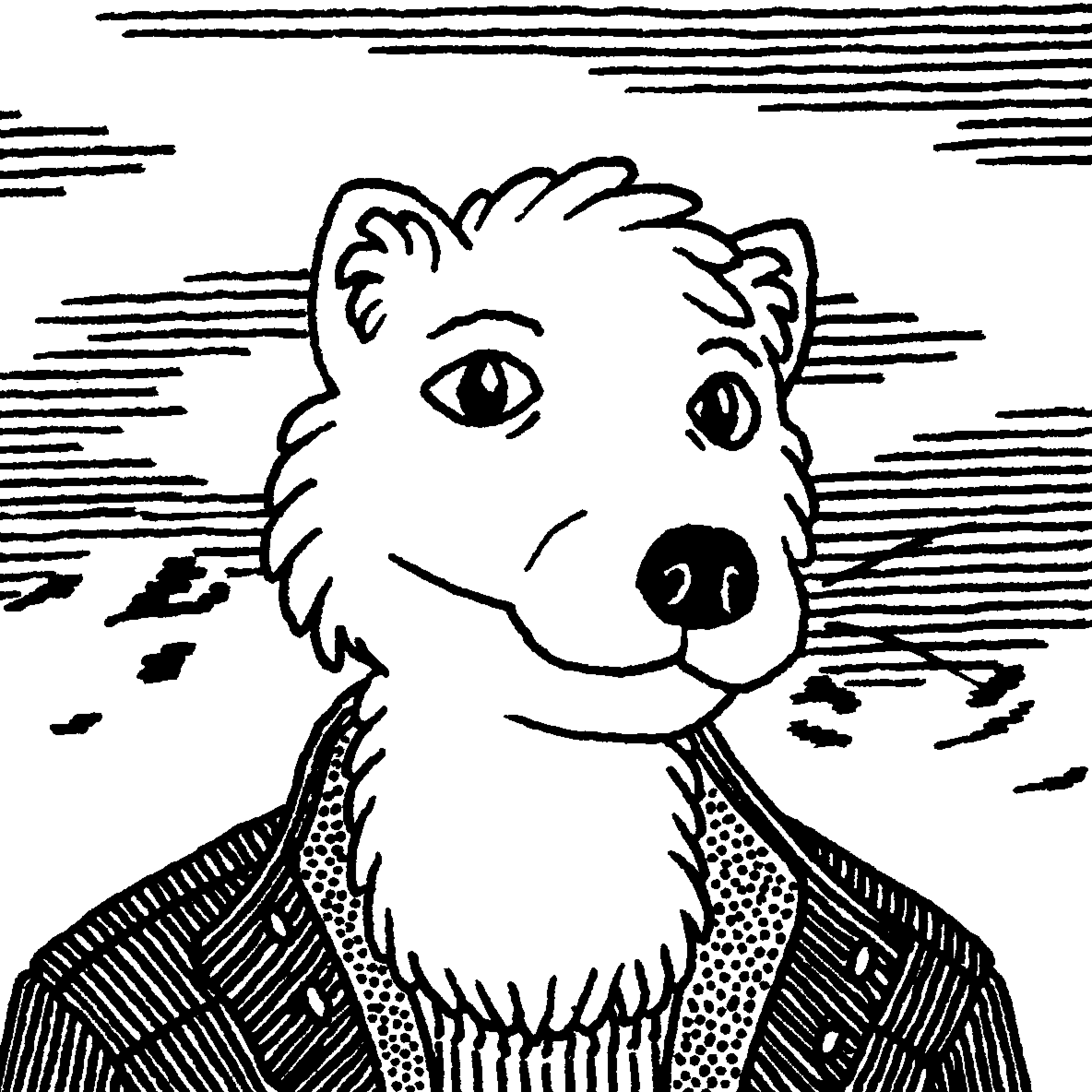 an avatar/profile pic of an arctic fox in a corduroy jacket and sweater against a snowy background