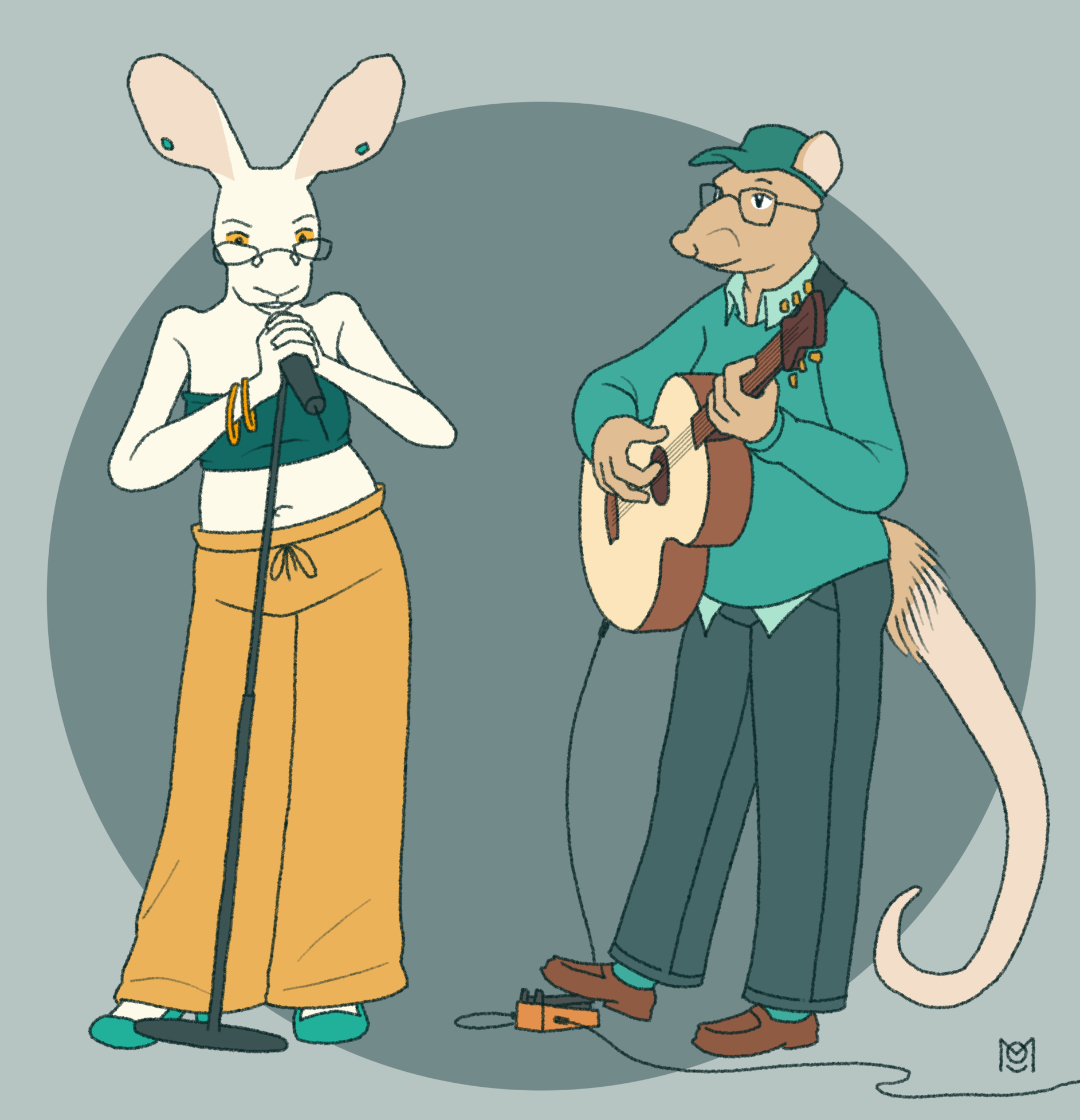 a hare sings and a rat plays acoustic guitar through a loop pedal