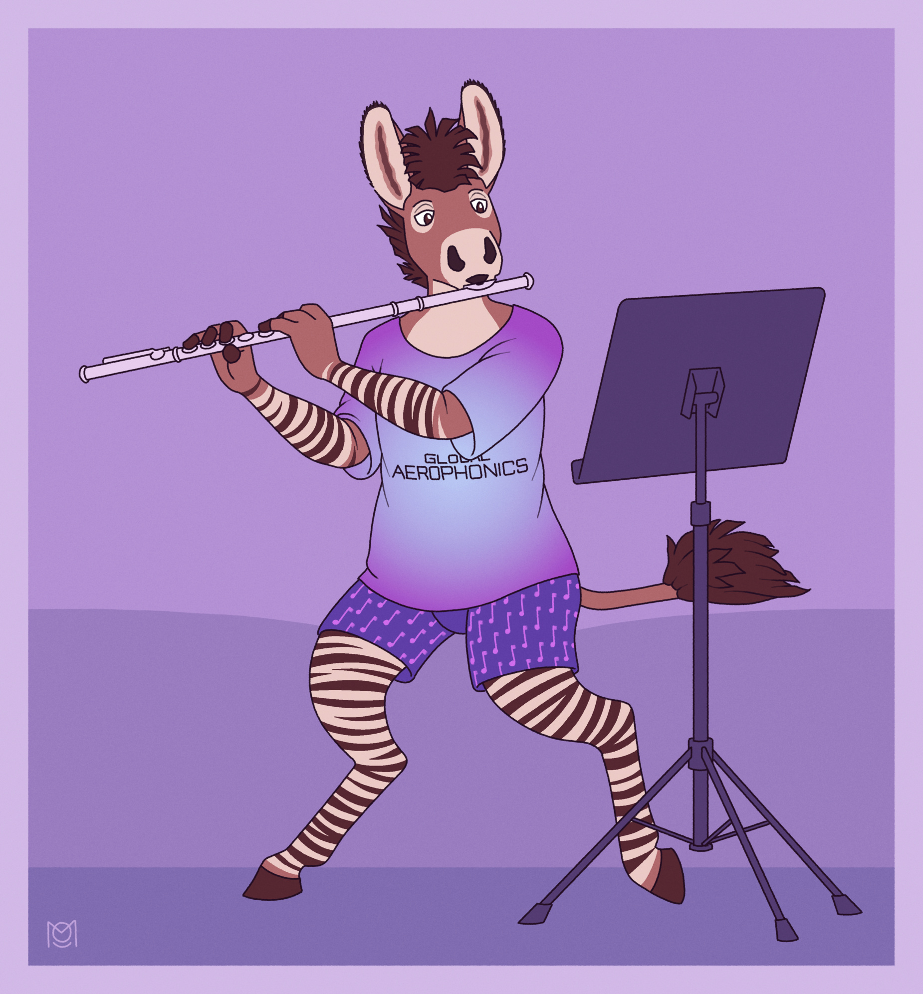 a zebra-donkey hybrid in a Global Aerophonics tee and boxers, playing a flute