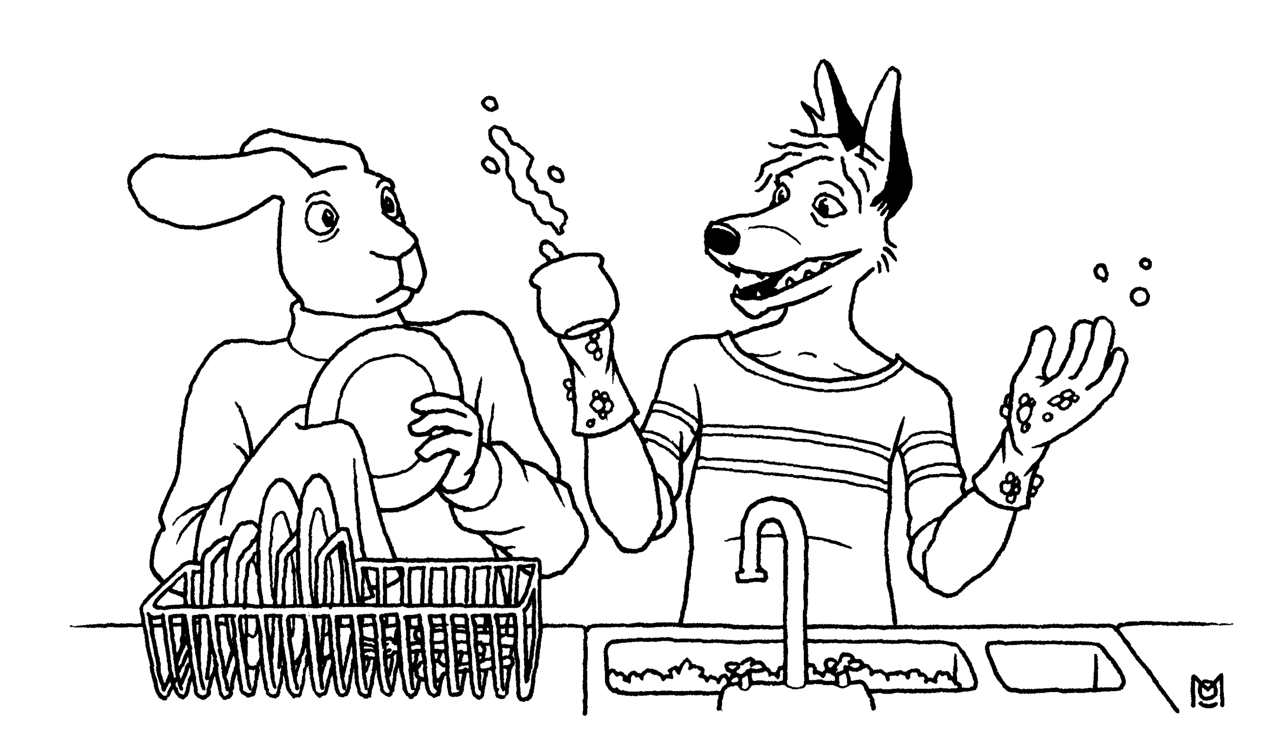 Edith the rabbit and Sibyl the fox doing the dishes; Sibyl getting a bit overexcited and throwing a mugful of suds across the room