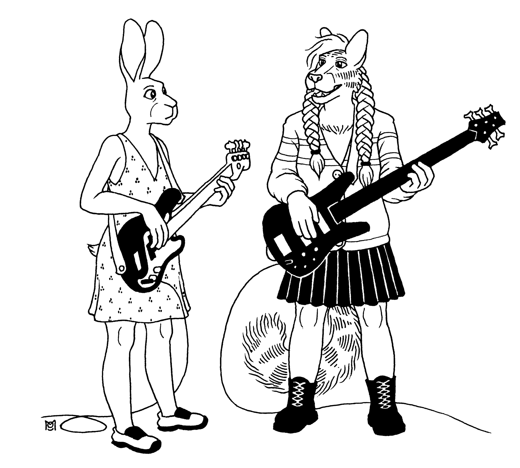 Ida the hare receiving a bass lesson from Trina the Norwegian forest cat