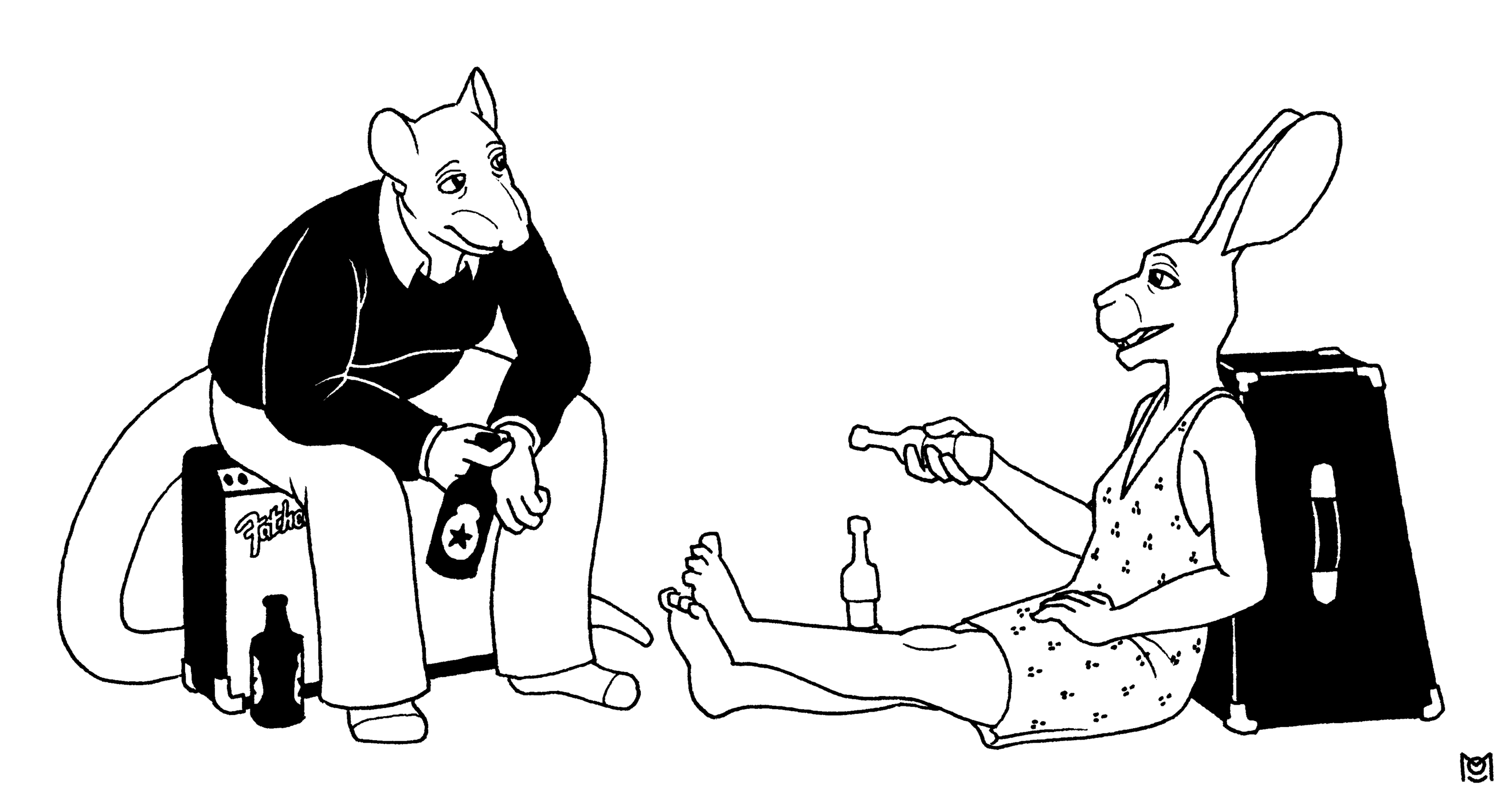 Jean the rat and Ida the hare, sat on or by their amplifiers, drinking beers and talking