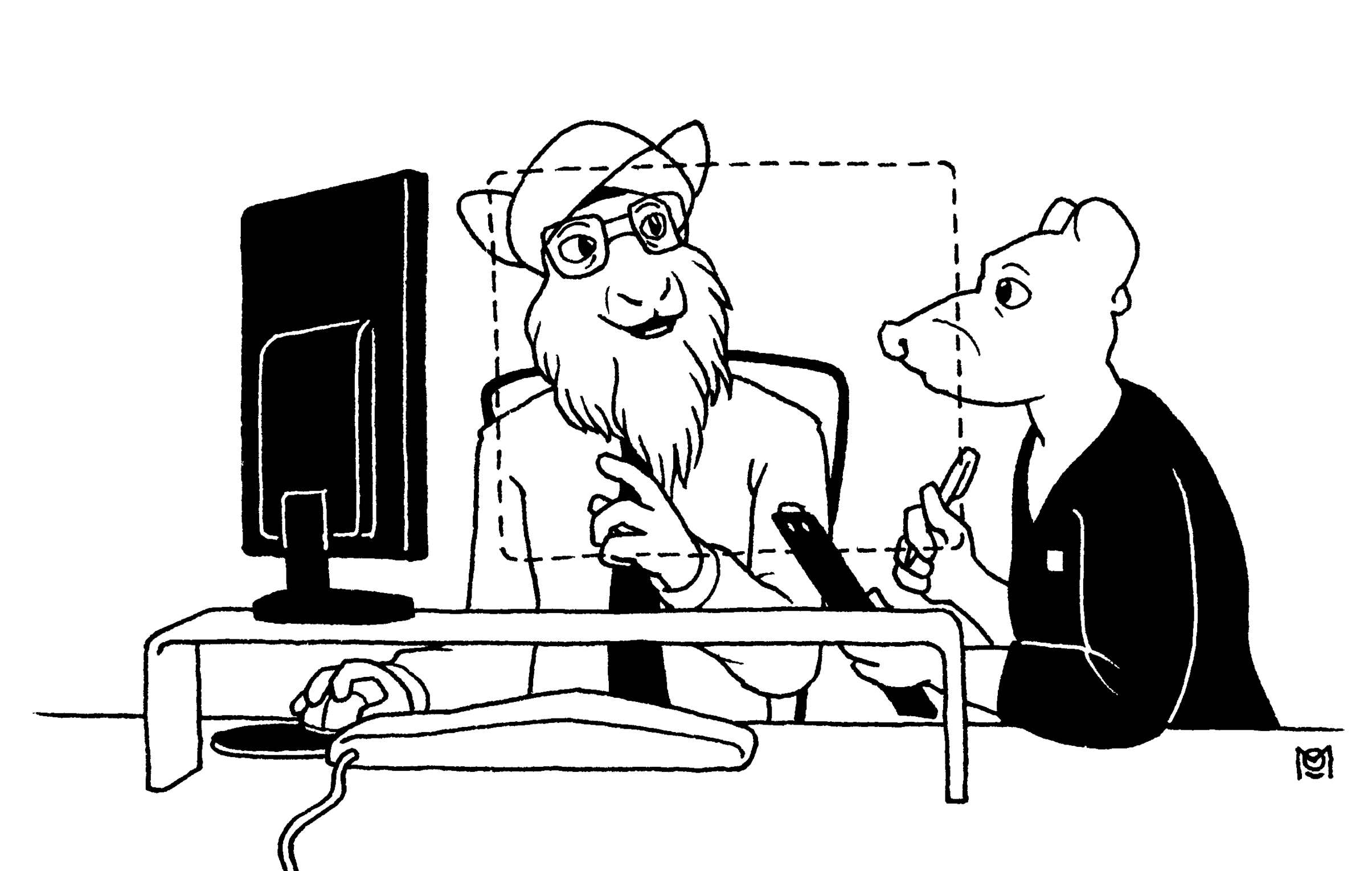 at the office, Gurmeet the serow shows Jean the rat something on one of his two screens