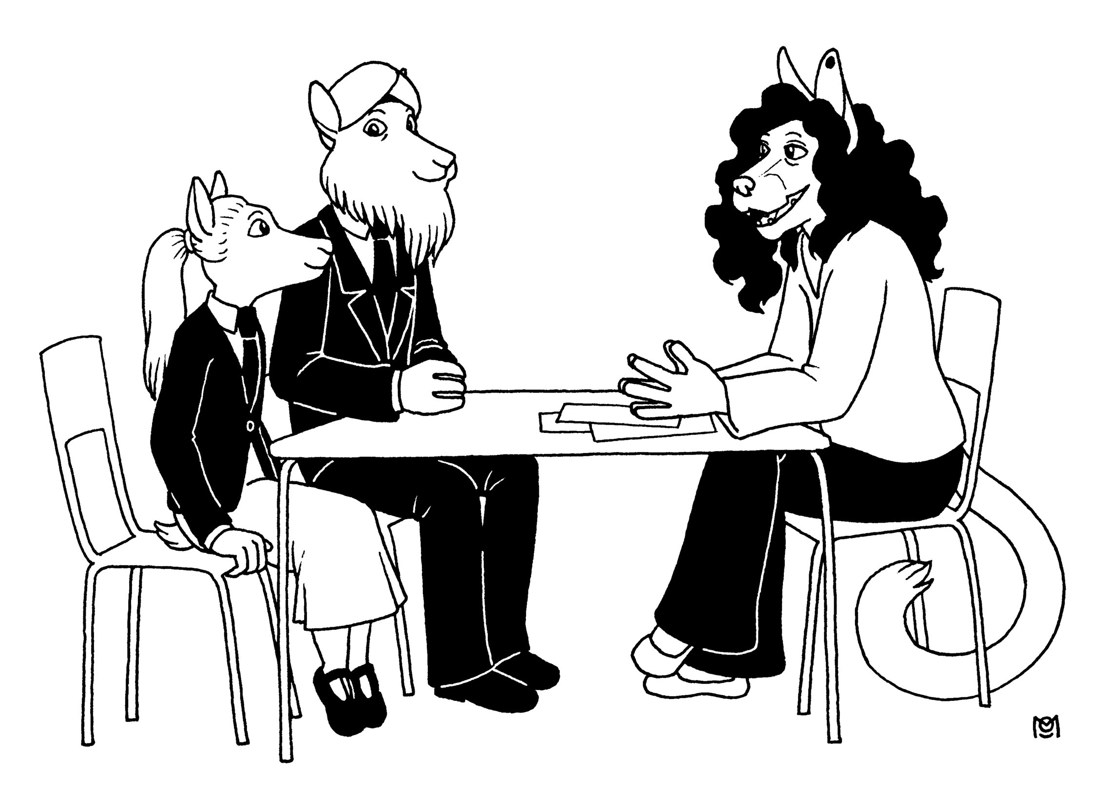 Suhana the serow with her dad Gurmeet talking at a parents' evening to her teacher Polly the cat. It seems to be going well