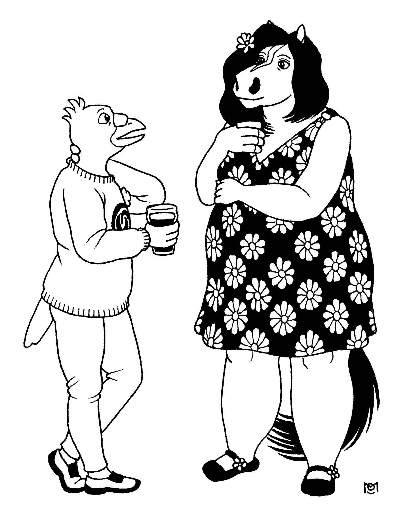 Prue the pigeon and Matilda the horse having drinks on a date