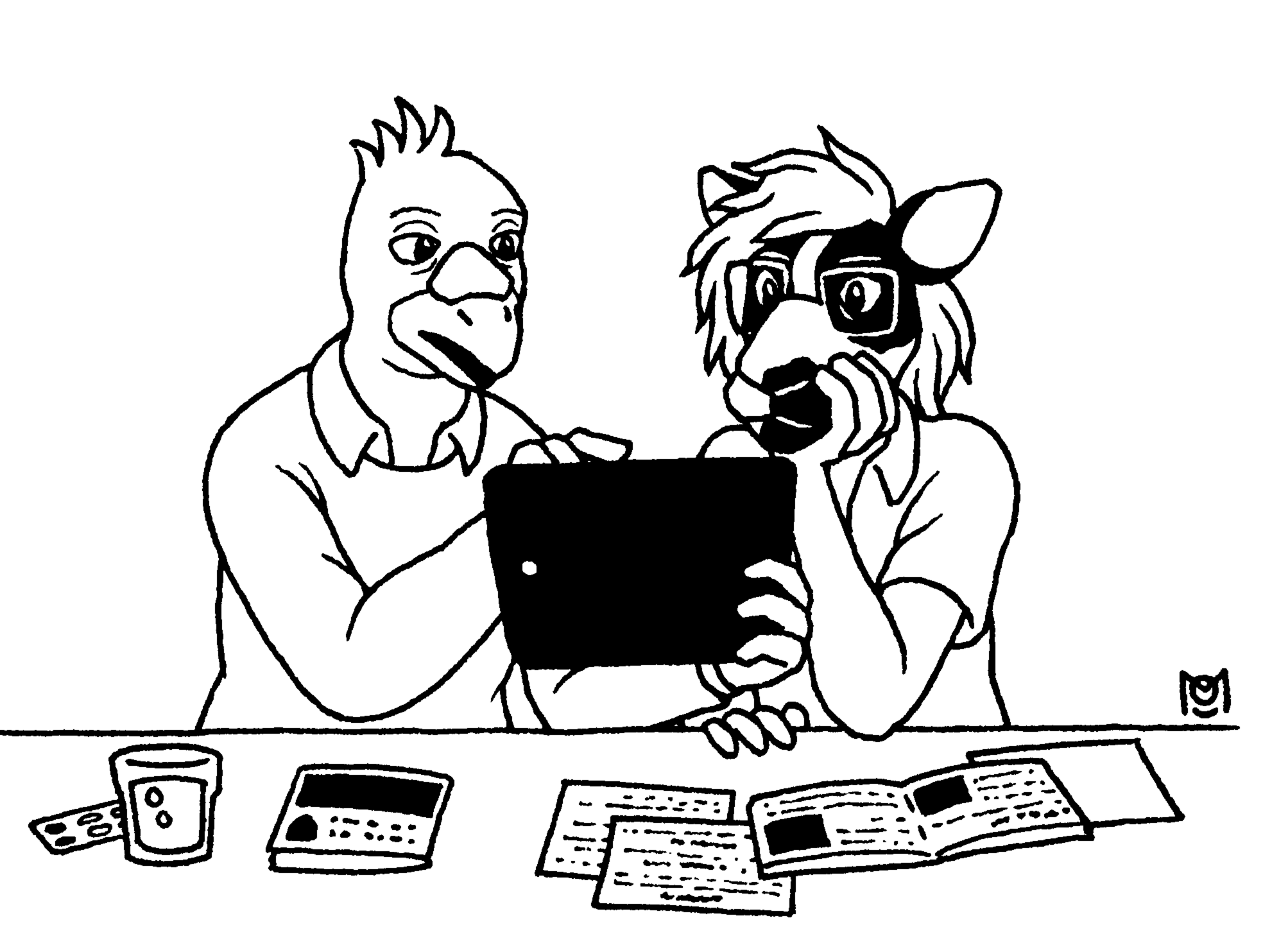 Prue the pigeon takes Huw the sheep through an online form on a tablet