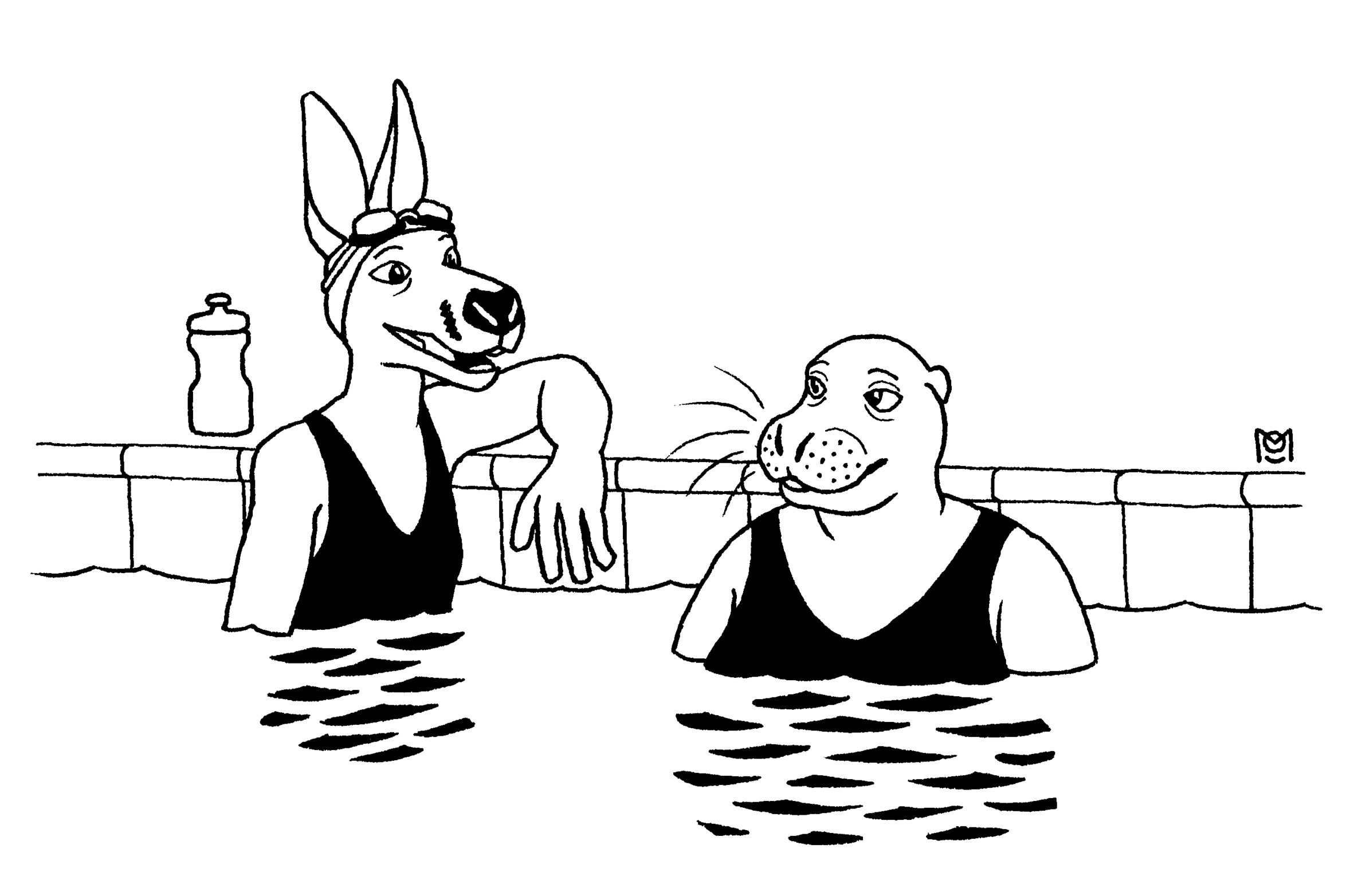 Carolyn the kangaroo and Jen the sea lion having a friendly conversation in the swimming pool