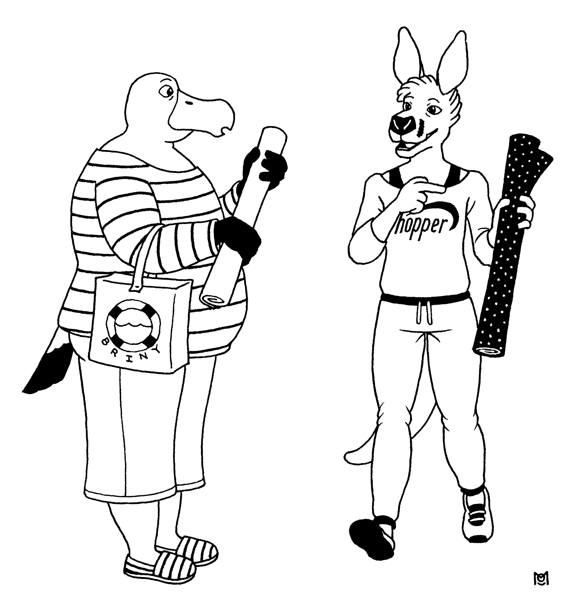 Albin the albatross and Carolyn the kangaroo are shopping for fabric; Albin is struck by the bolt Carolyn is carrying