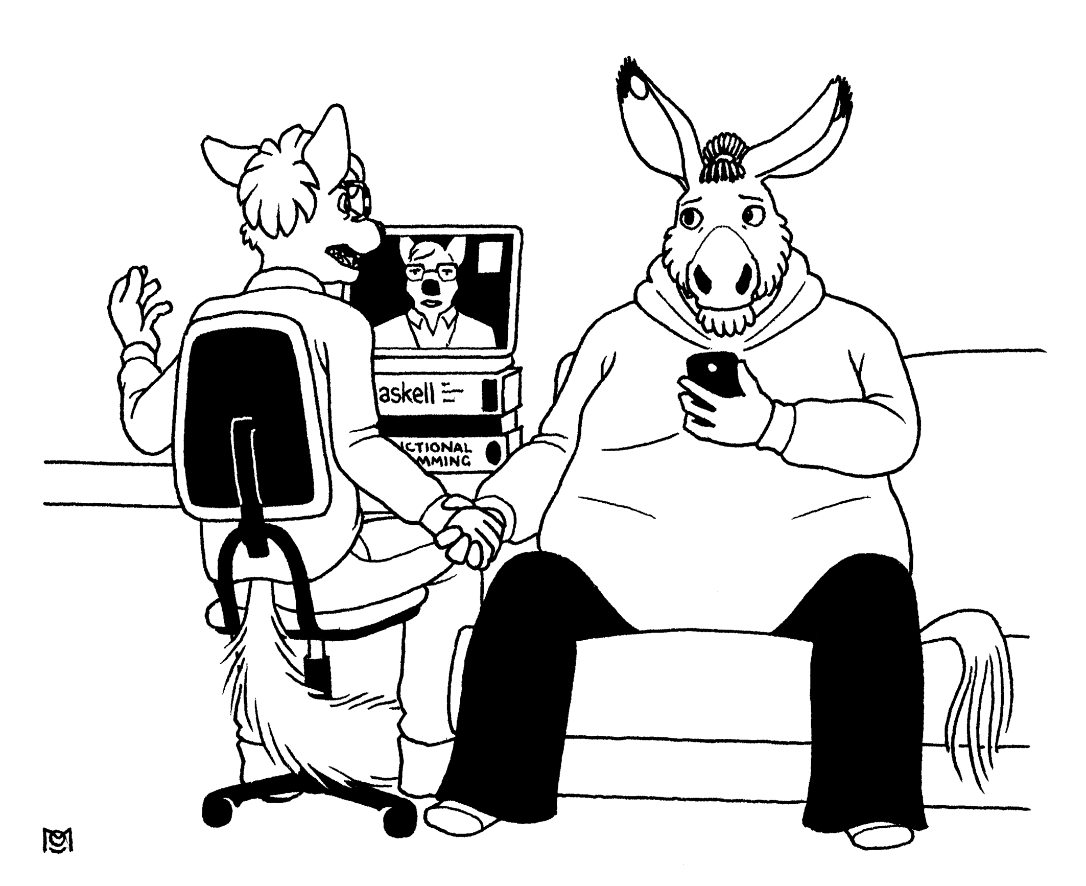 vitaly the wolf is arguing with his father over a video calling app; off-camera, faisal the donkey squeezes his hand