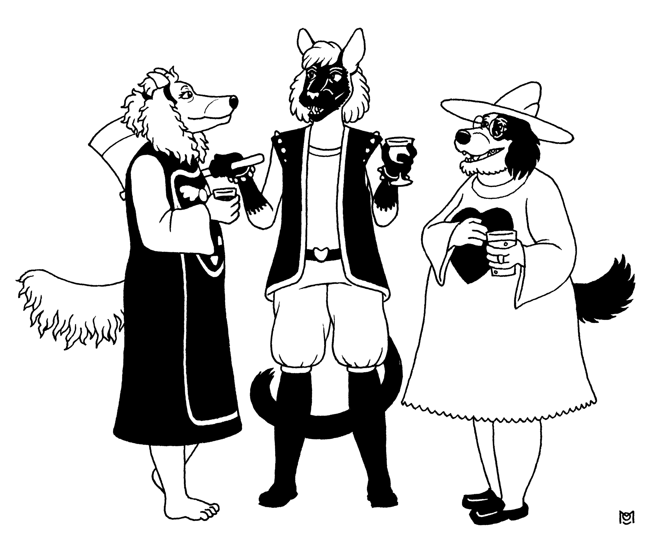 at a halloween party, frieda the poodle (in a toriel costume) talks to dinah the siamese cat (in a susie costume) and stephen the spaniel (in a ralsei costume)