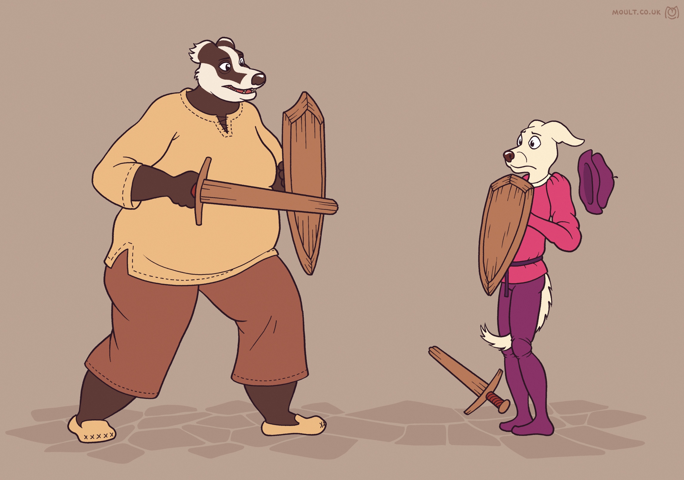 brigid the medieval badger knight in mufti attempting to spar with benno the chihuahua ambassador using wooden swords and shields. she takes a mildly assertive stance and he immediately drops his sword in terror