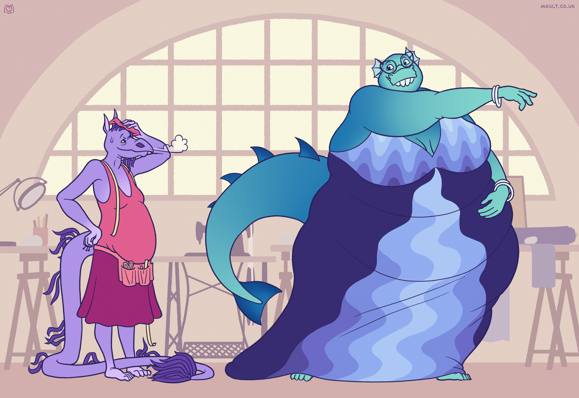 in their dressmaker's workshop Kip the dragon mops their brow while giant sea-monster Levia models their just-completed creation, a blue evening gown with a wave motif