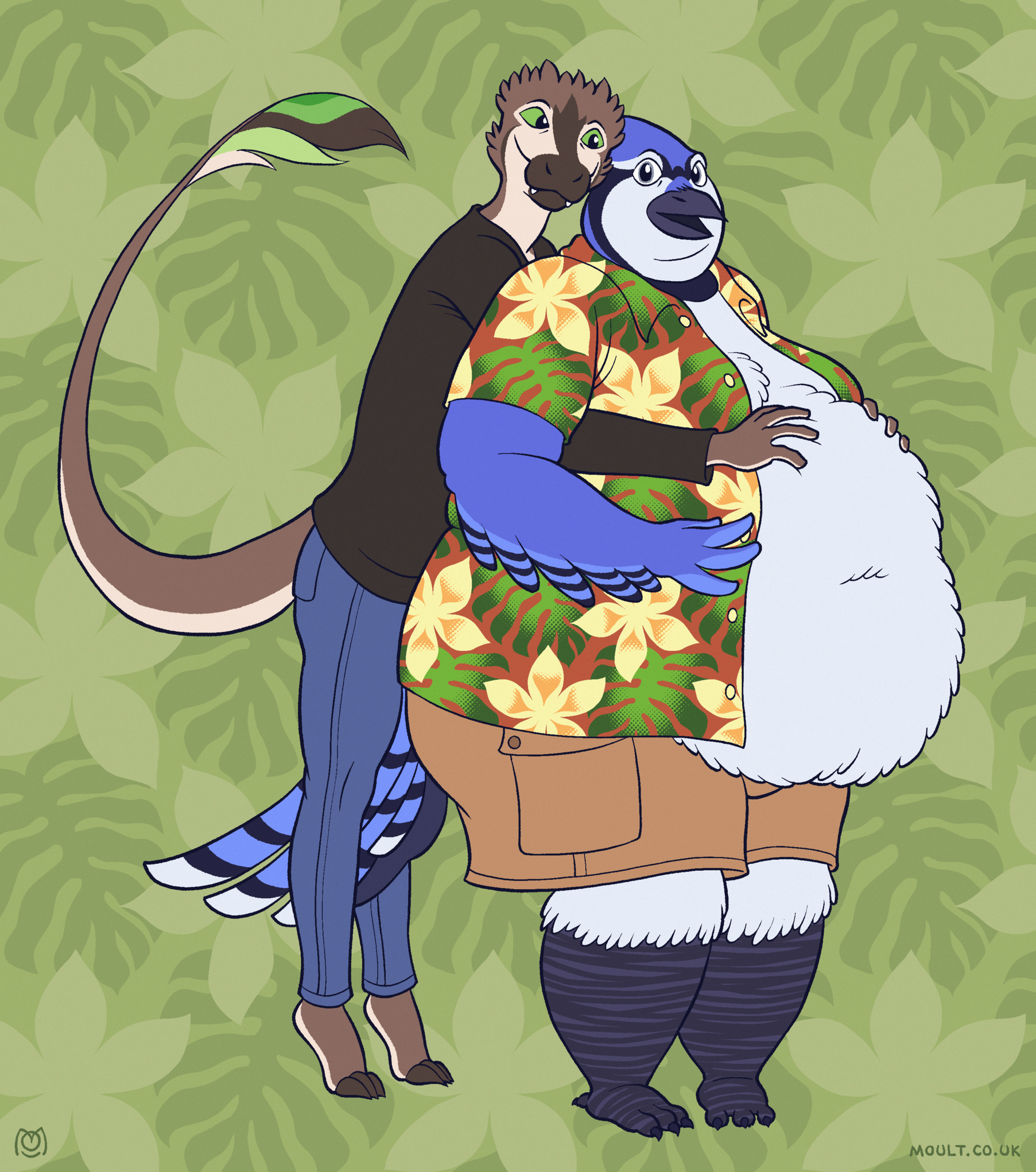 Cornelius the deinonychus surprises Delak the blue-jay with a hug