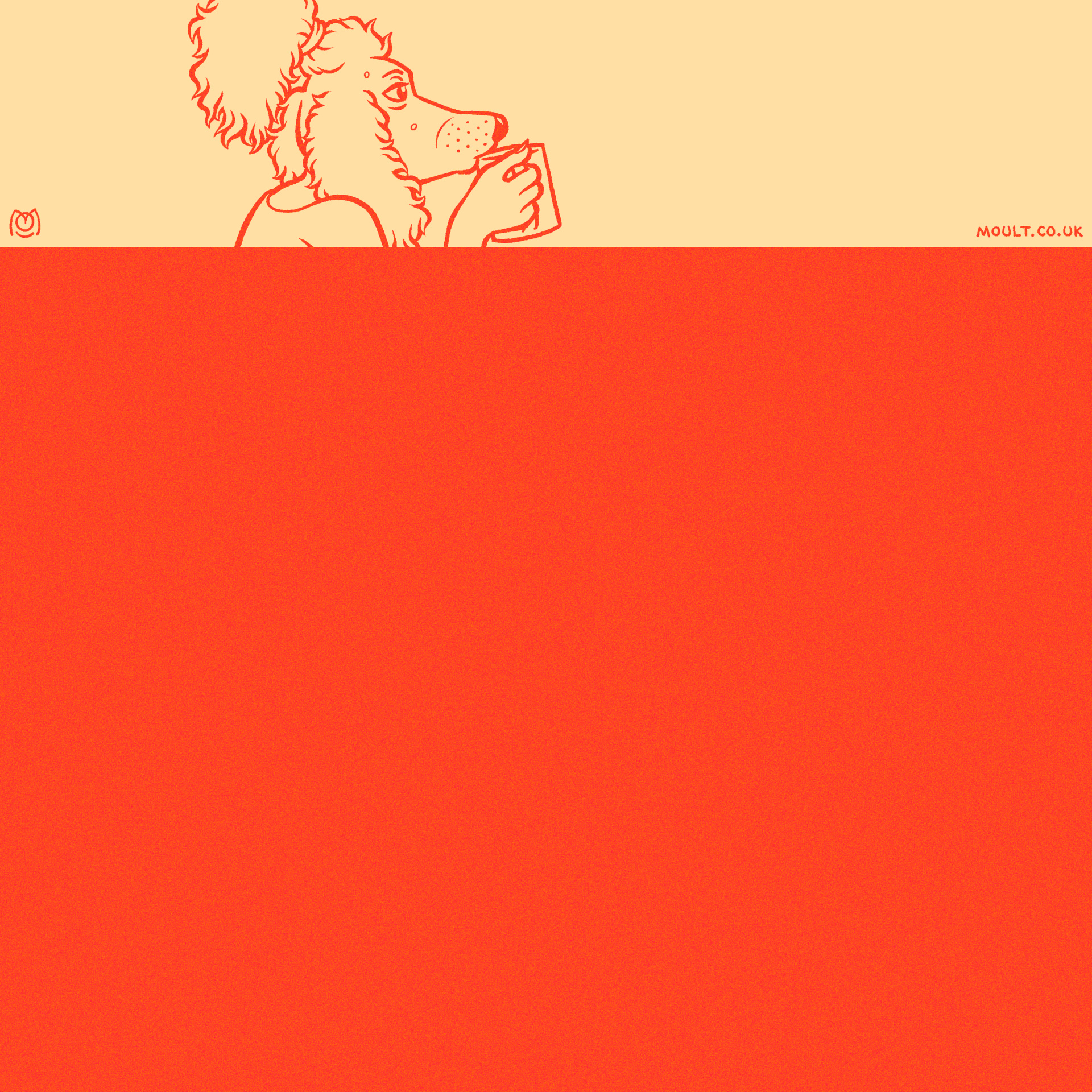 a small drawing of phaedra the poodle drinking coffee above a large orange-red field