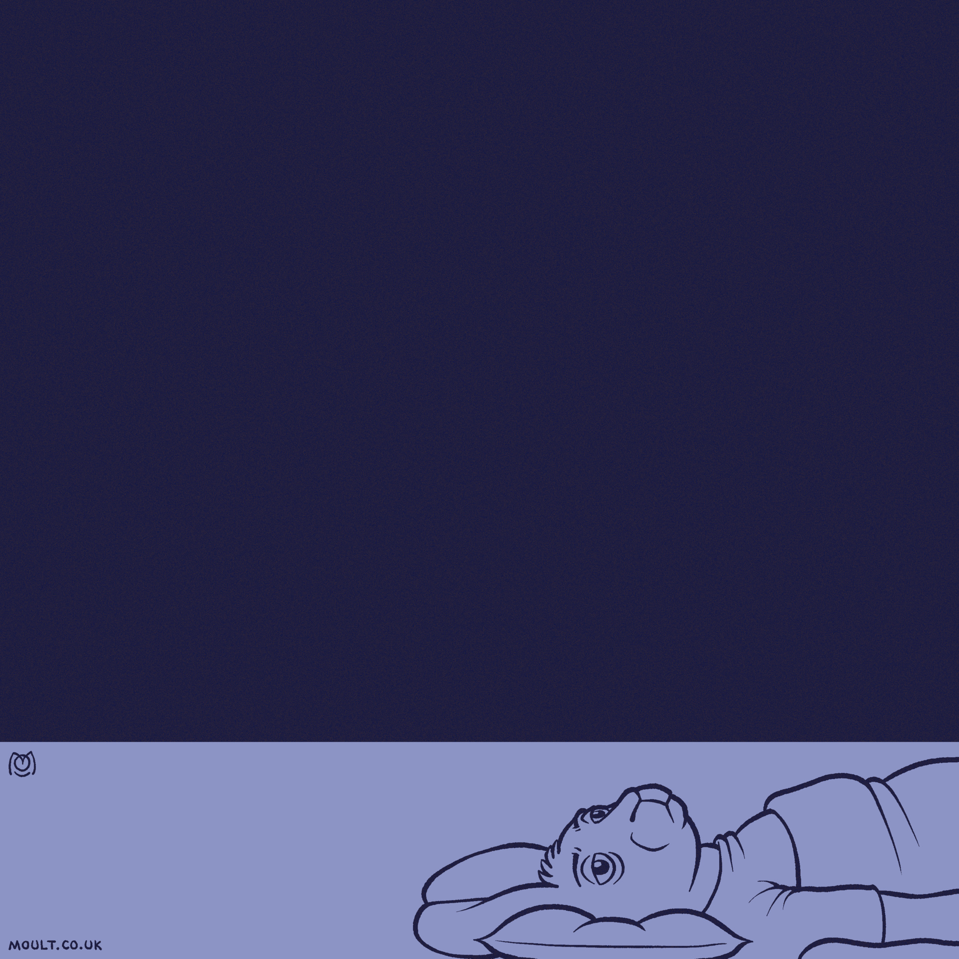 small drawing of edith the rabbit lying awake in bed under a large dark blue field