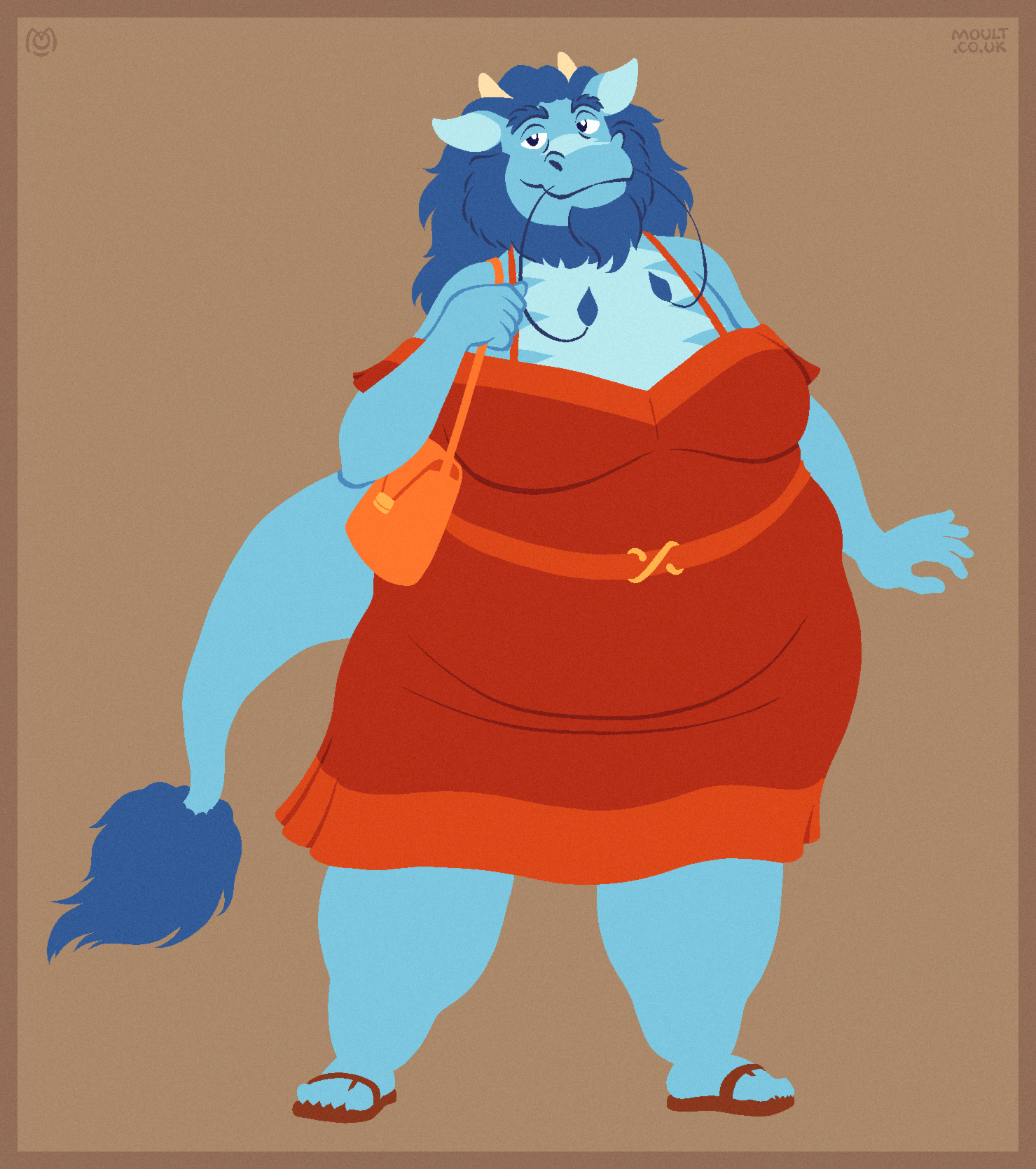 a bearded blue eastern dragon lady in a red summer dress with an orange handbag