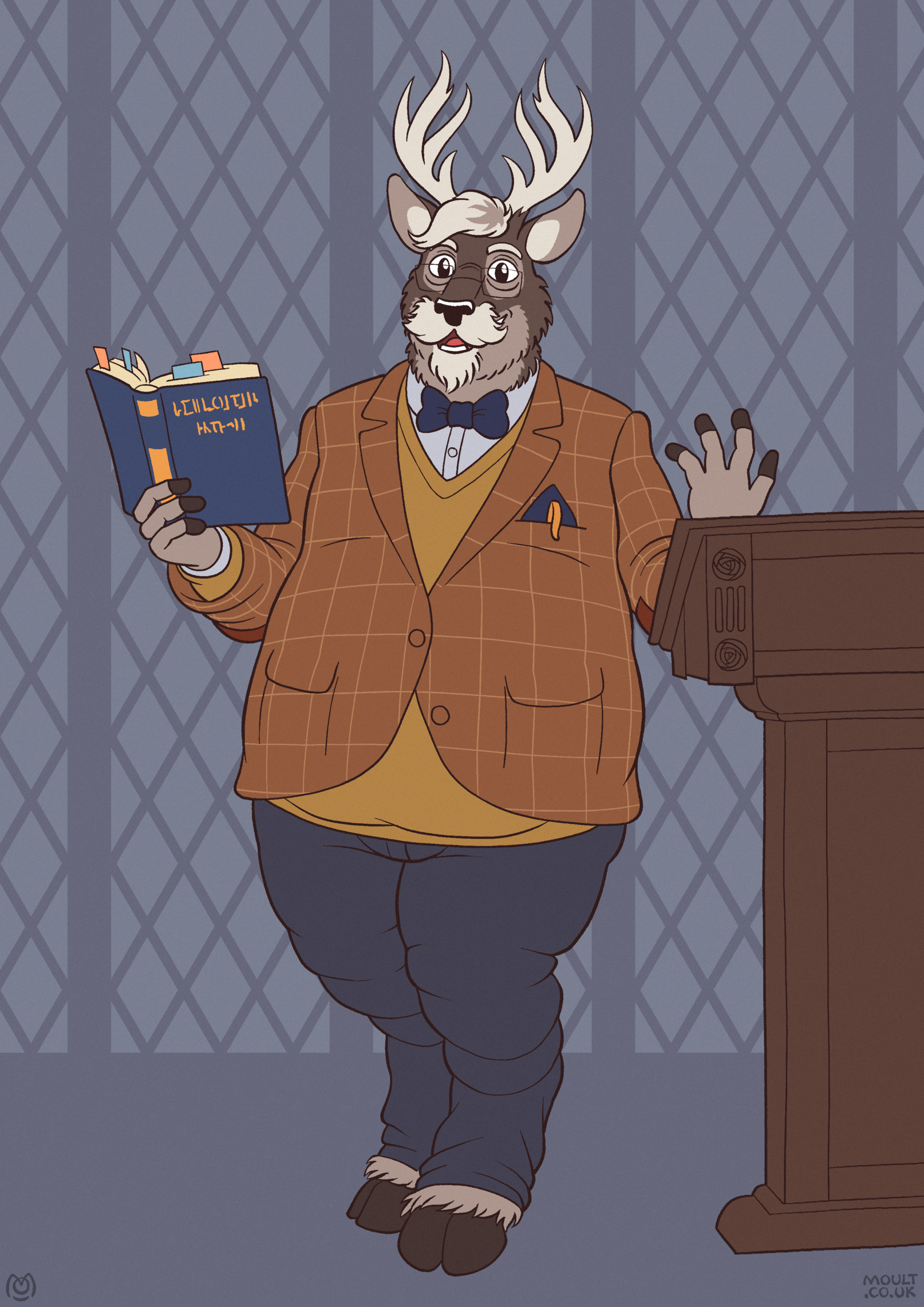 a bearded professor deer in a tweed jacket enthusiastically expounds upon a much-annotated book in his hand from a lectern