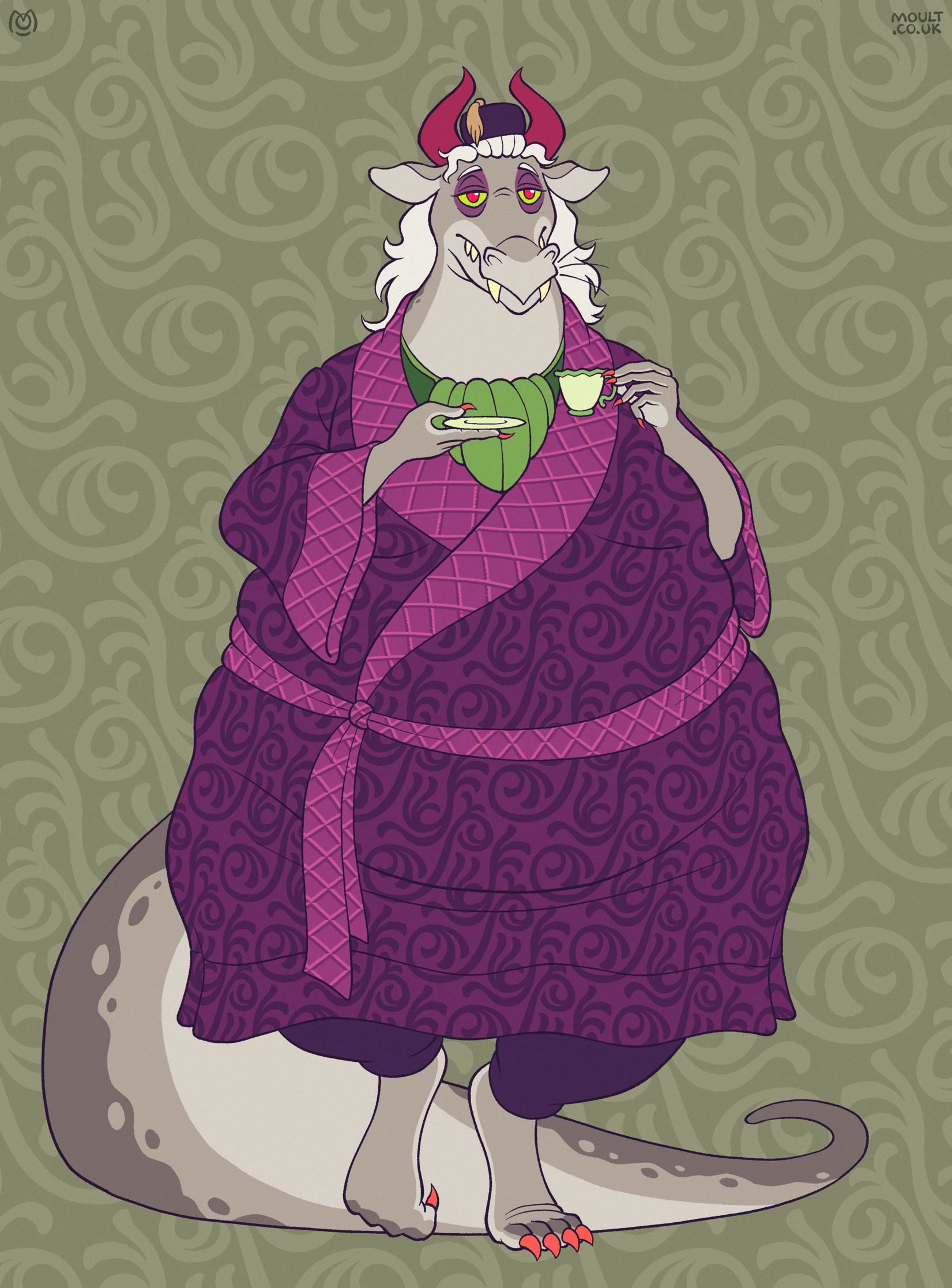 a tired-looking grey dragon in a purple smoking jacket holding a cup of tea