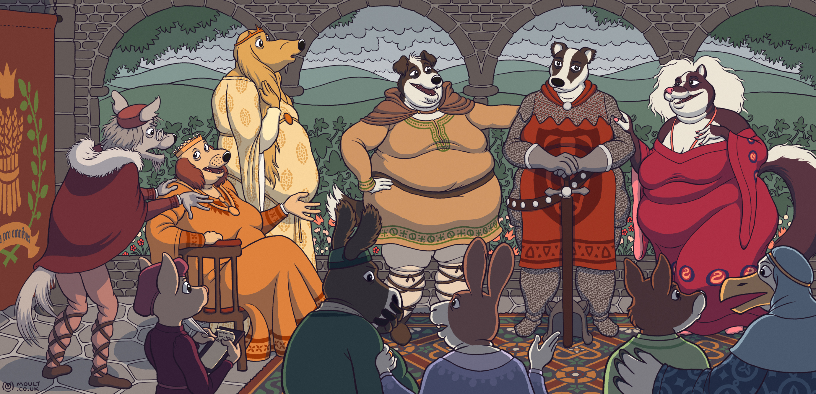 a scene in a medieval gallery; a banner with an emblem of olive branches and wheatsheaves hangs on one end, and the arched windows look out onto rolling hills. various characters are reacting to brigid the chainmailed badger knight, who is looking noble with a sword: phyllida the catskunk flirtatiously, ken the collie chummily, agatha the afghan hound princess with apprehension, morton the head counsellor wolf with disapproval, queen beatrice with equanimity, and benno the chihuahua ambassador is noting it all down