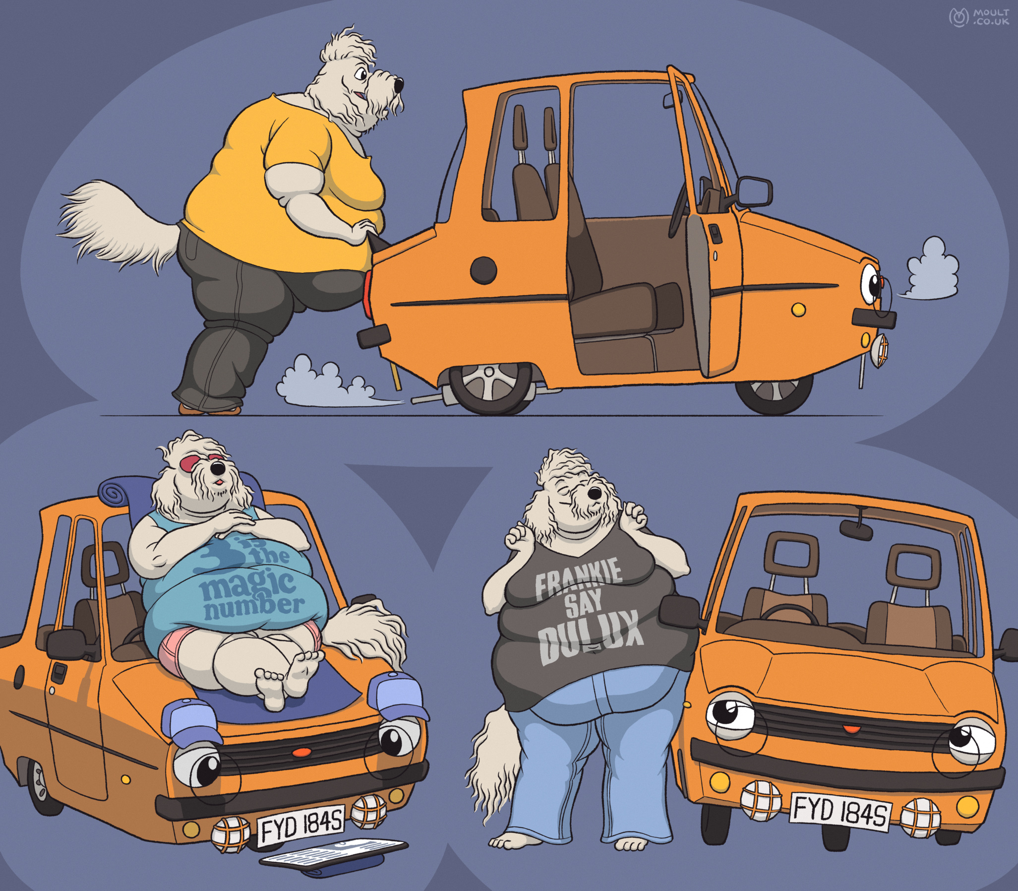 wilf the old english sheepdog man and floyd the sentient three-wheeled car in various scenes: wilf giving floyd a push start, wilf sunbathing on floyd's bonnet while floyd reads from a tablet, and the two bumping hips/doors