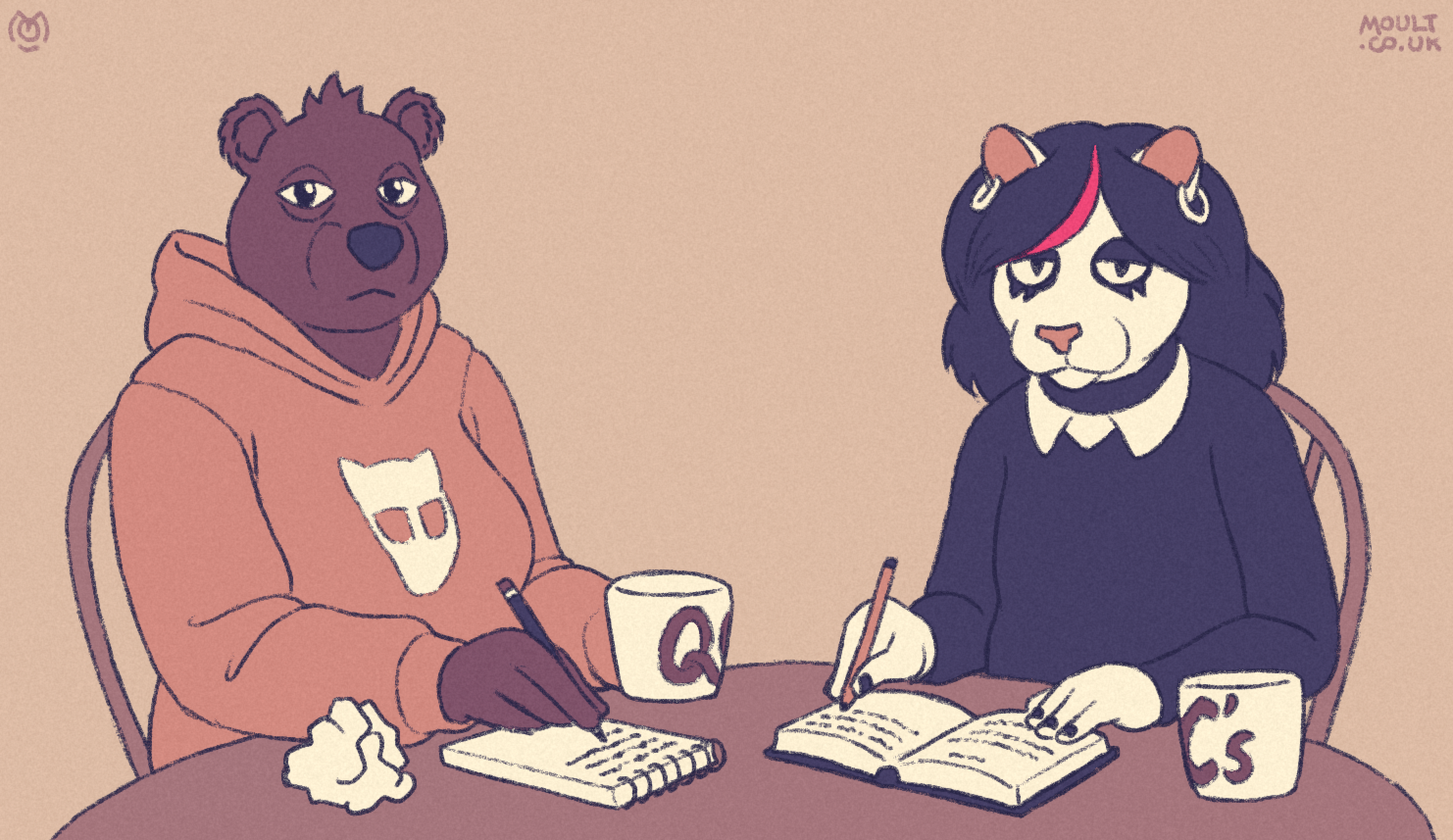 selmers from night in the woods and catti from deltarune at a poetry-writing meetup in a cafe