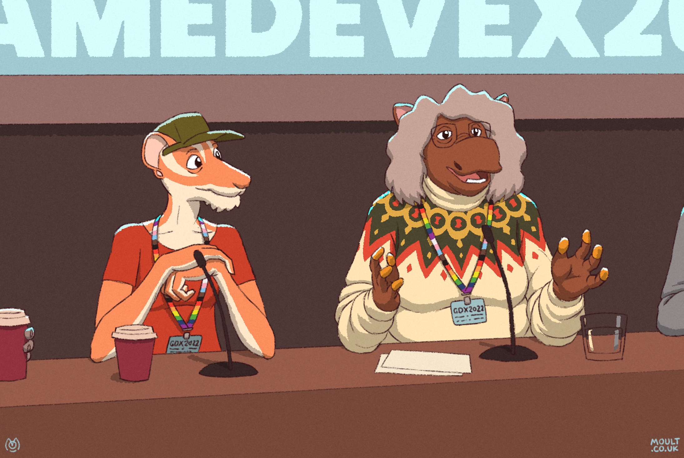 a late-middle-aged (present-day) heath the chipmunk and beth the moose at a game development conference panel; beth in mid-story