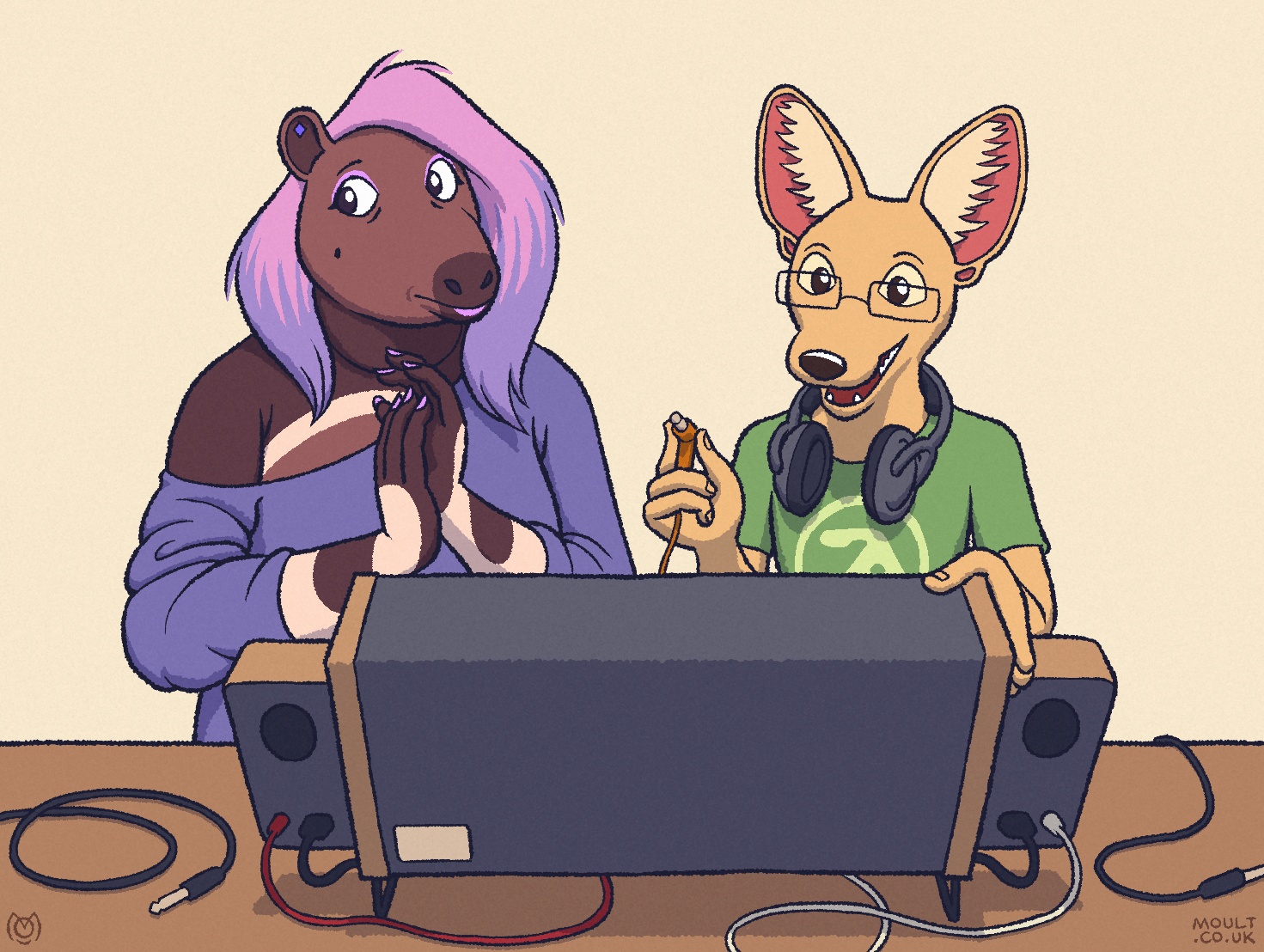 viv the giant anteater is being regaled by a fennec guy with an excited explanation of how this semi-modular synthesiser works. viv is looking as if they would rather be anywhere else