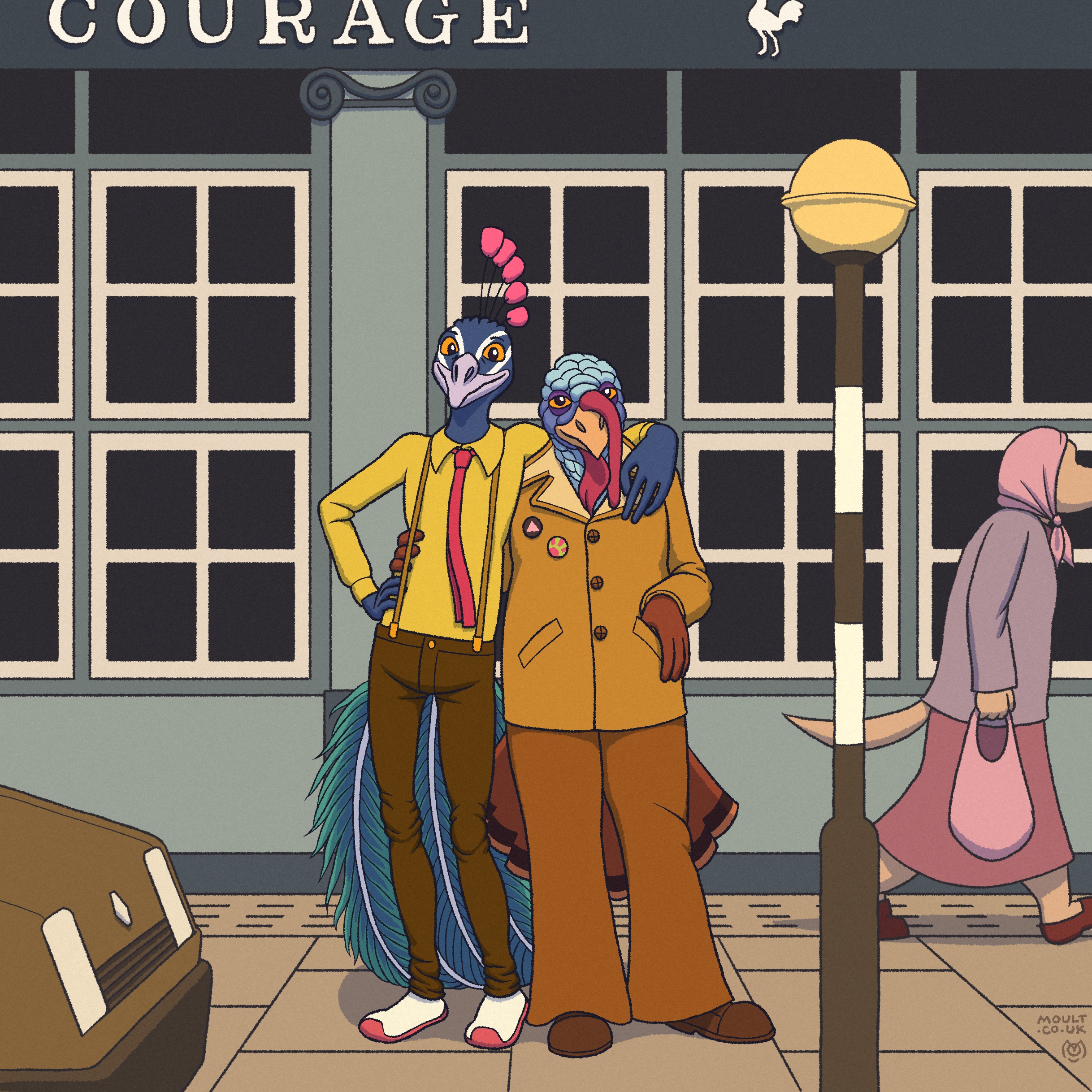 a photo from the seventies of gilbert the peacock and bernard the turkey standing, hands around each other, in front of a pub with a sign reading 'courage'