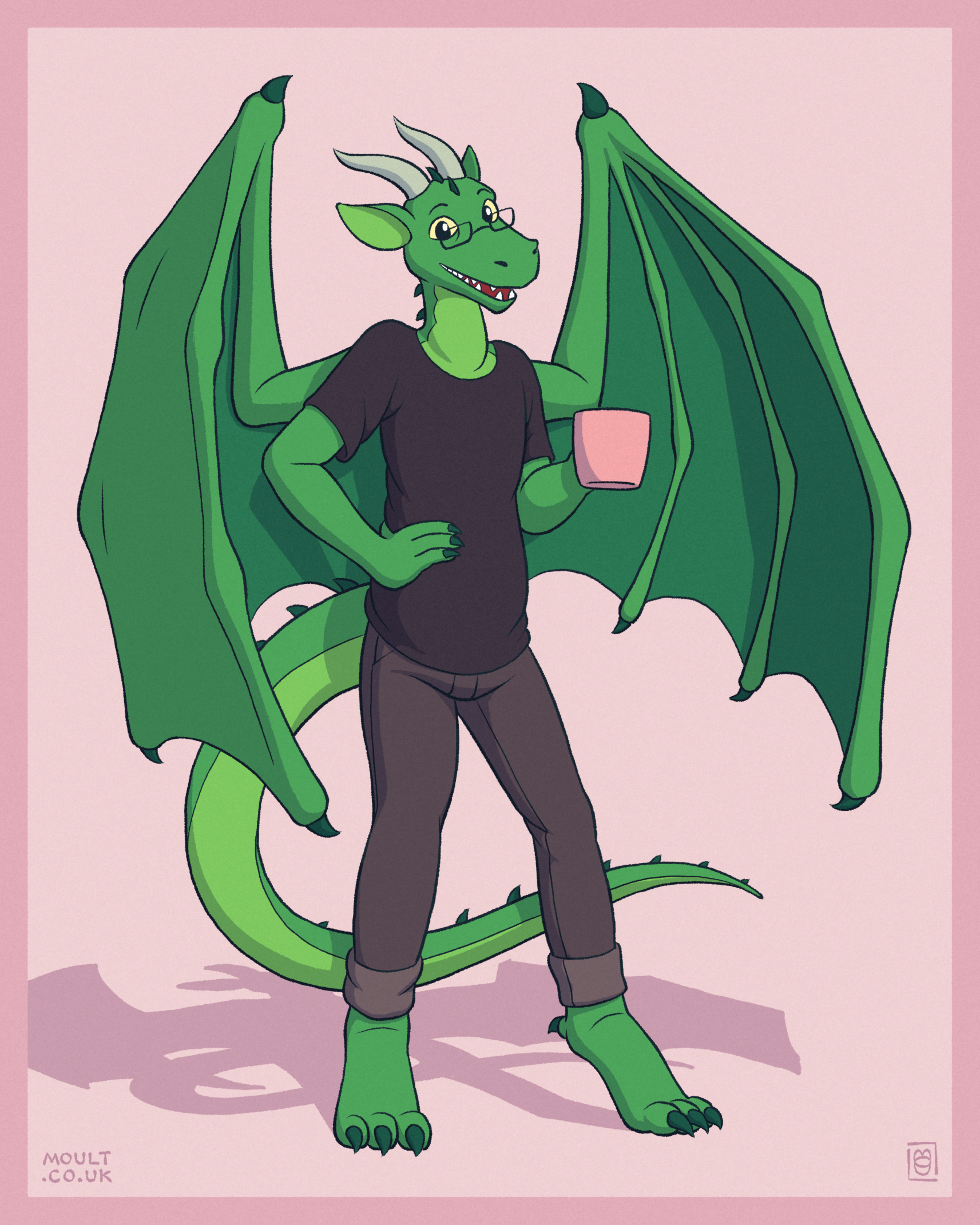 a green anthro dragon with large wings, a big coffee mug and a happy expression
