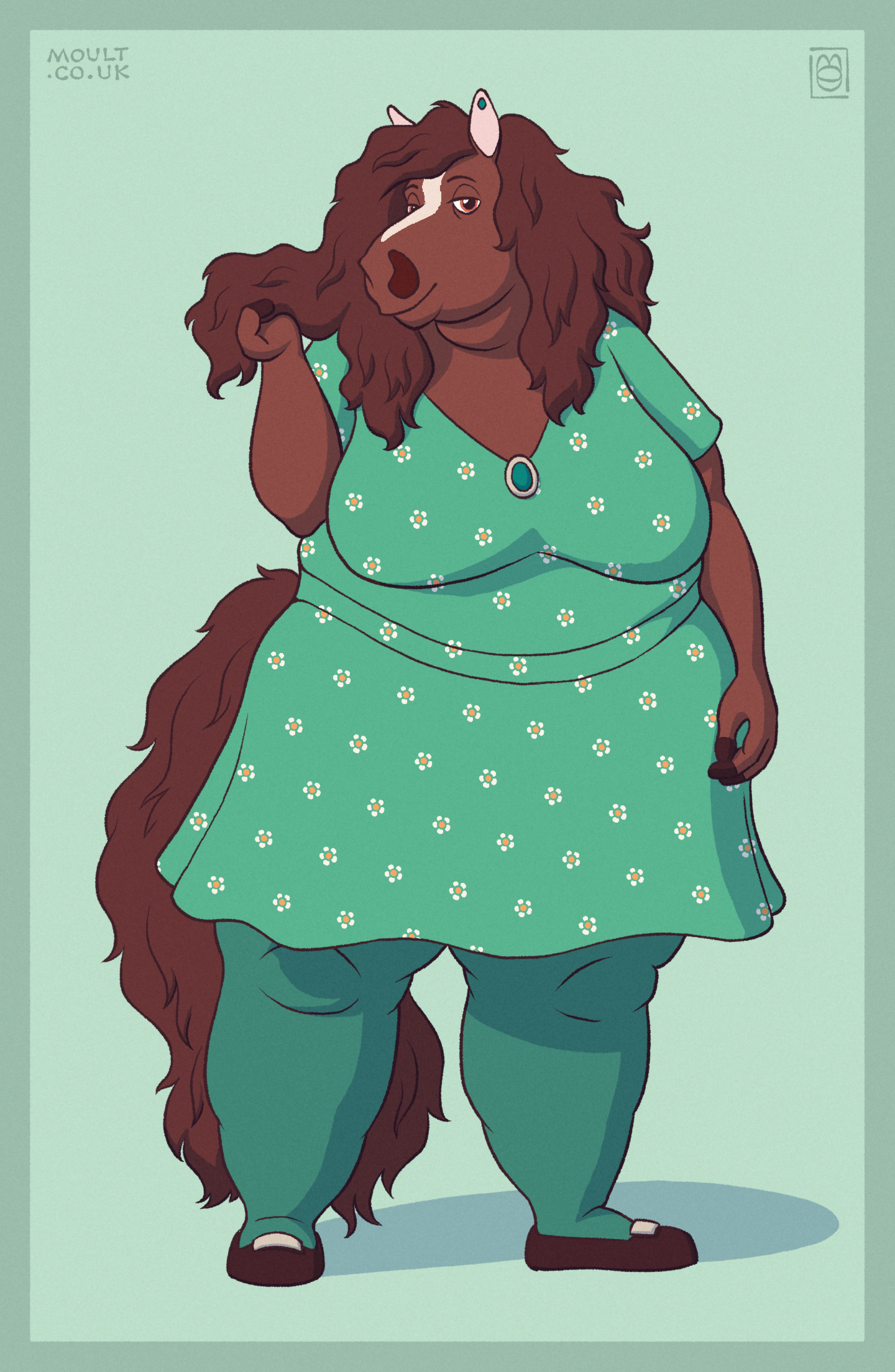 a big horse woman in a sea-green floral dress