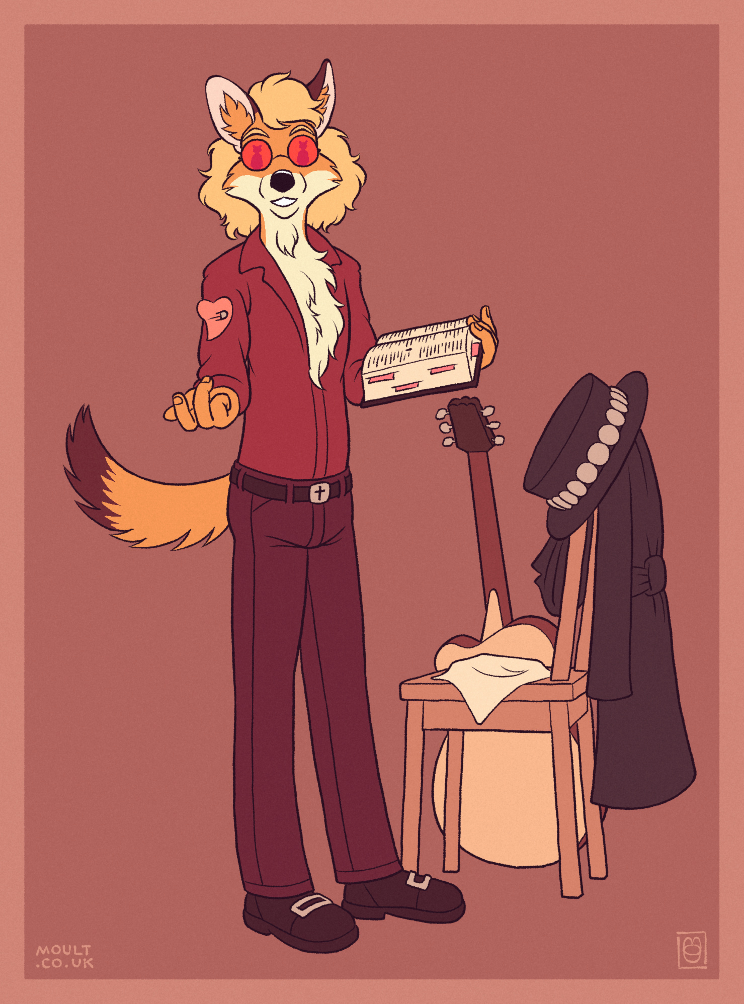 a red coyote person, wearing a flame-coloured open-necked shirt and dark red slacks, turning toward the viewer, whose reflection is all that can be seen in his orange mirror shades. one hand holds a large open bible; the other beckons you. a long dark coat, a silver-ringed hat and a guitar are arranged on a chair nearby