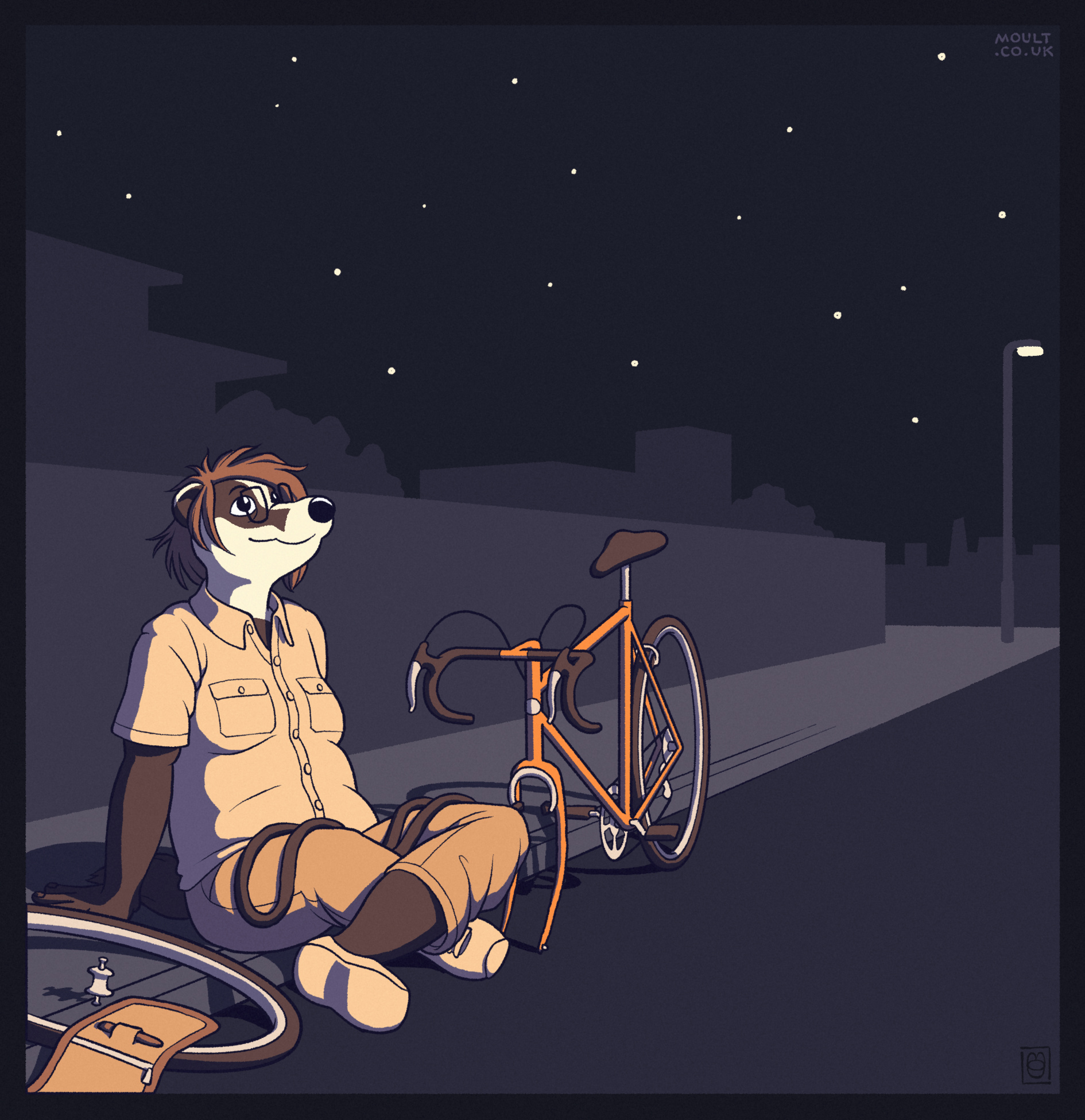 a badger woman sitting on the kerb of a city street at night. she has taken the front wheel off her bicycle, and seems to have been mending an inner tube puncture, but is now leaning back, looking up at the stars