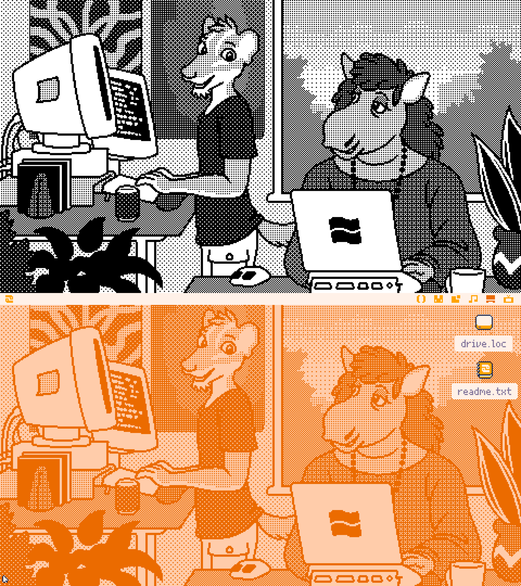 a chipmunk man and a moose woman talking as they work on computers in a small office, drawn in an oekaki-ish pixel style with lots of dithering, in two versions: one black-and-white, the other in orange tones and forming a desktop wallpaper for the Picotron virtual computer