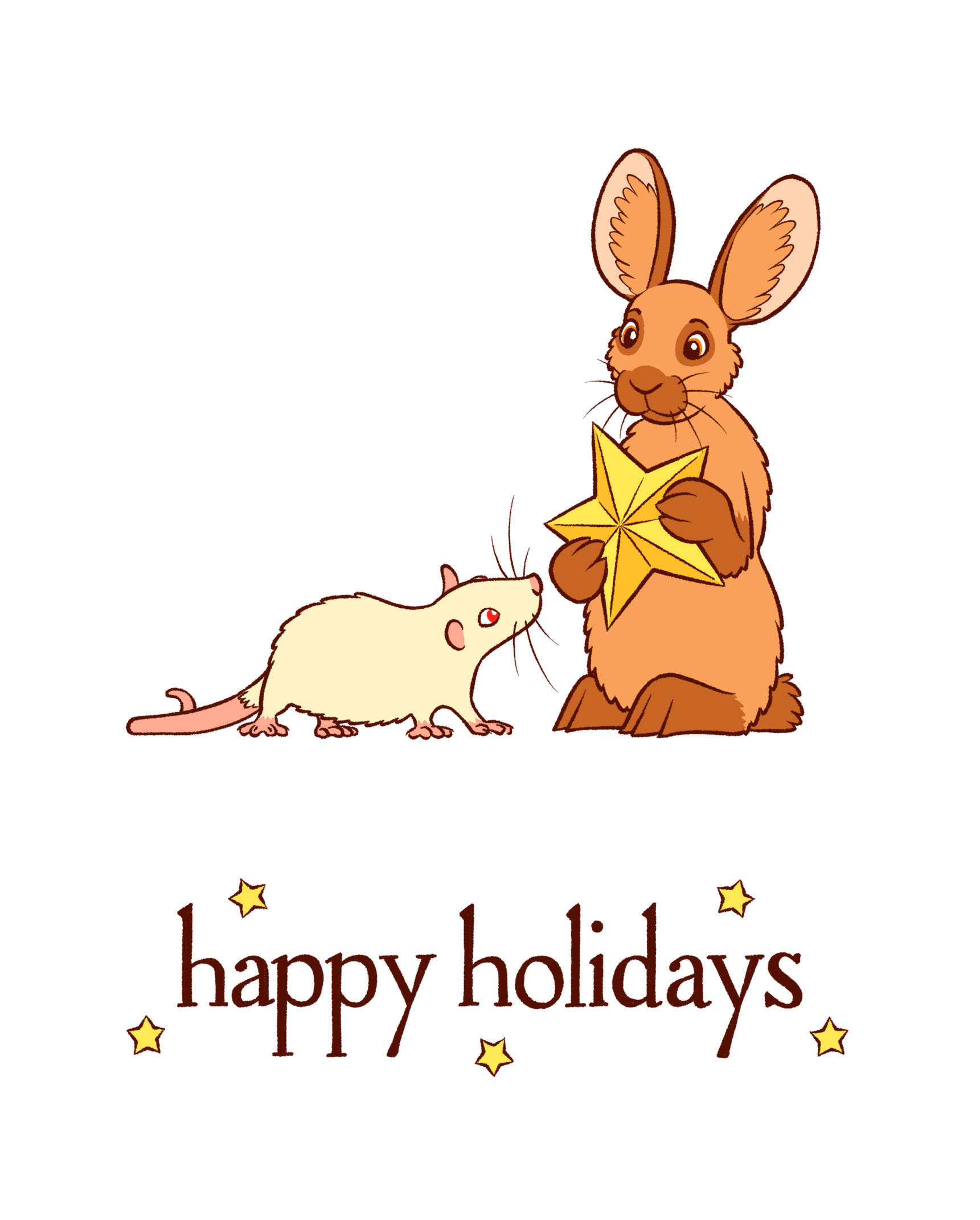 an illustration of a brown rabbit sitting up with a big star ornament in its paws and a bemused air; a white mouse sniffs the star curiously