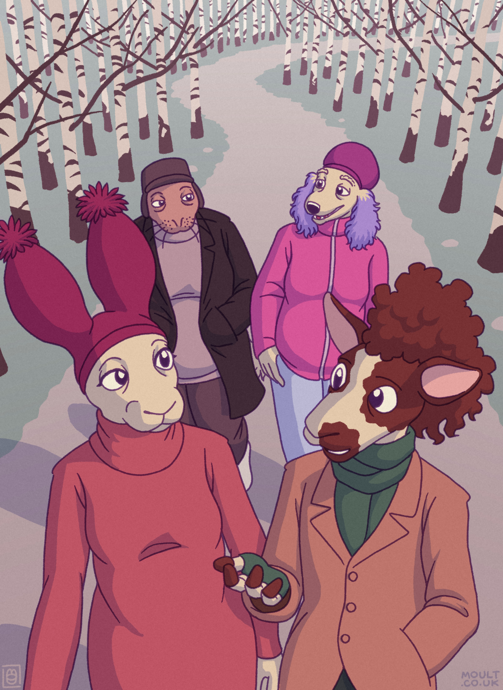 a vertically-oriented drawing of four friends walking down a path lined with bare birch trees. in the front row a sheep man in a neat jacket and scarf is speaking earnestly to a snowshoe hare woman in a salmon sweaterdress and bobble hat. in the back row, a poodle woman with lilac-dyed ears, a pink fleece and jeans is making a joke to a sea lion woman in muted sweater, overcoat and deerstalker (the joke does not seem to be landing but it's fine)