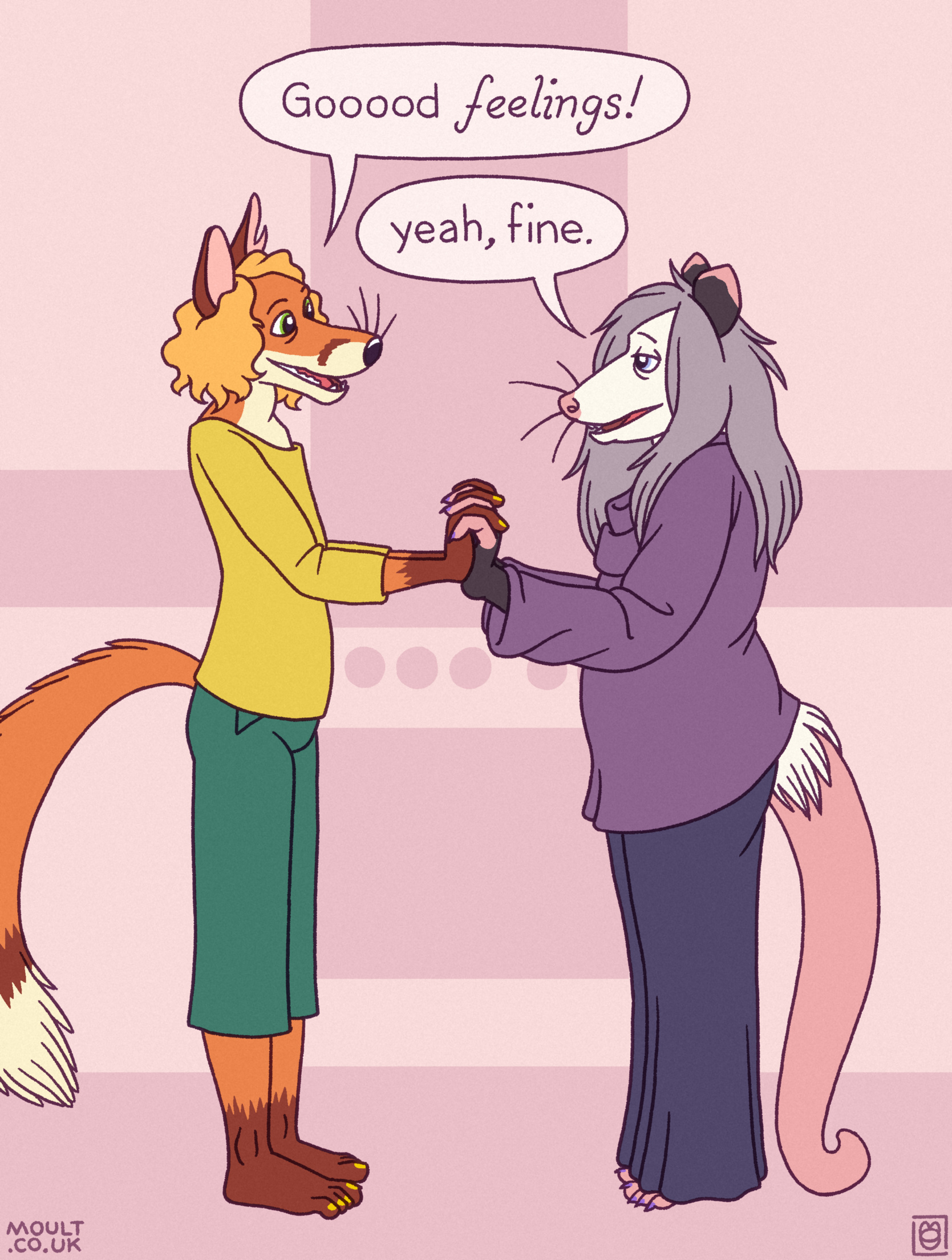 a drawing of a middle-aged fox woman and a middle-aged opossum woman standing face to face with their hands clasped together in a kitchen. the fox is cheerfully saying 'Gooood *feelings*!' the opossum grudgingly replies 'yeah, fine.'